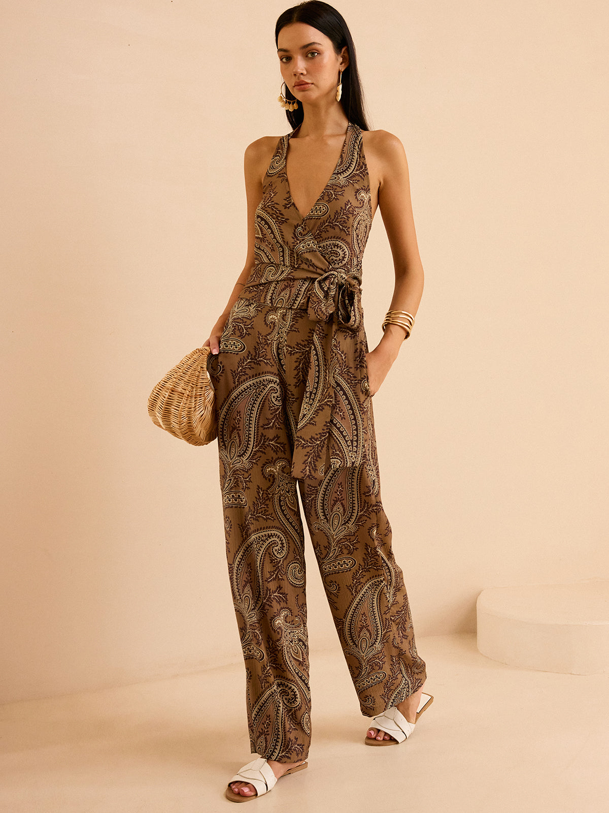 Ensemble haut dos nu et pantalon à imprimé cachemire