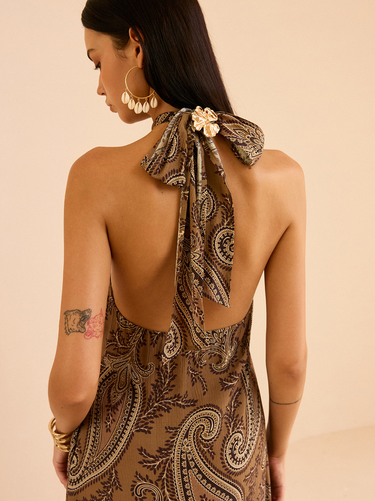 Paisley Print Halter Backless Maxi Dress