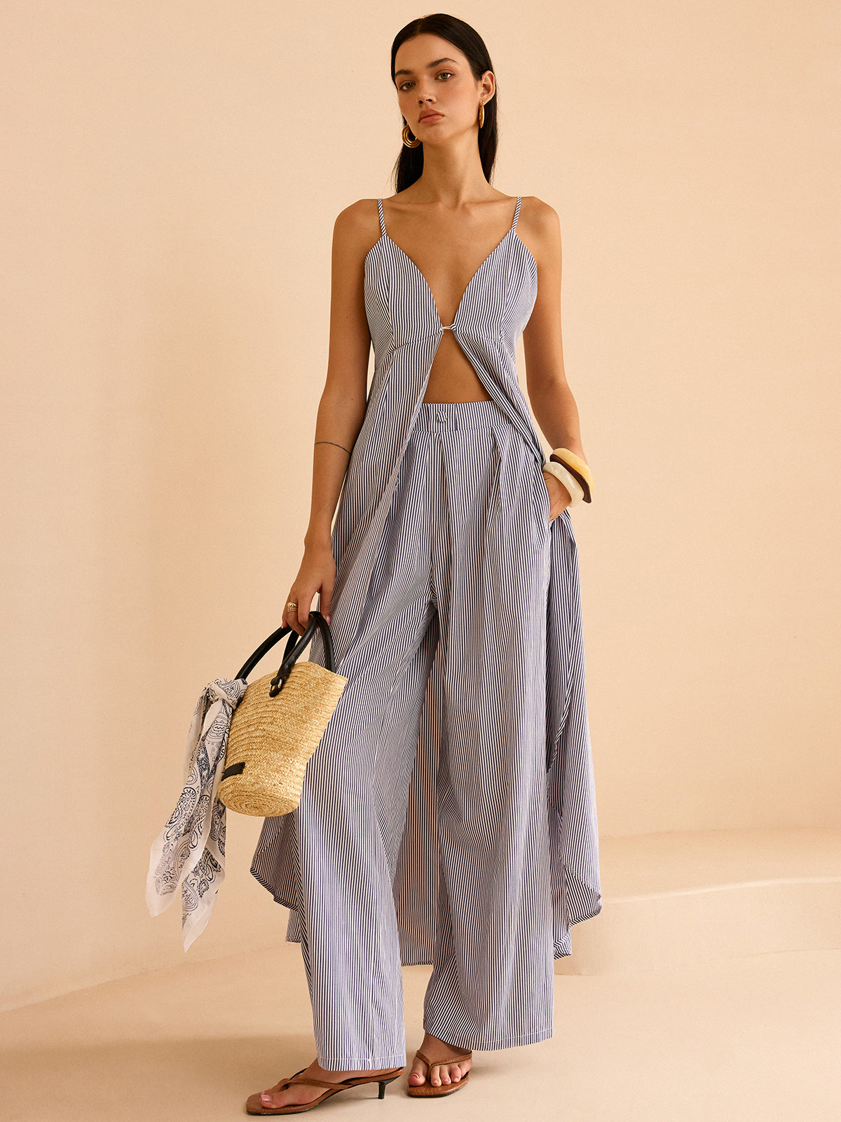 Gestreiftes langes Trägertop und Hose mit weitem Bein Set