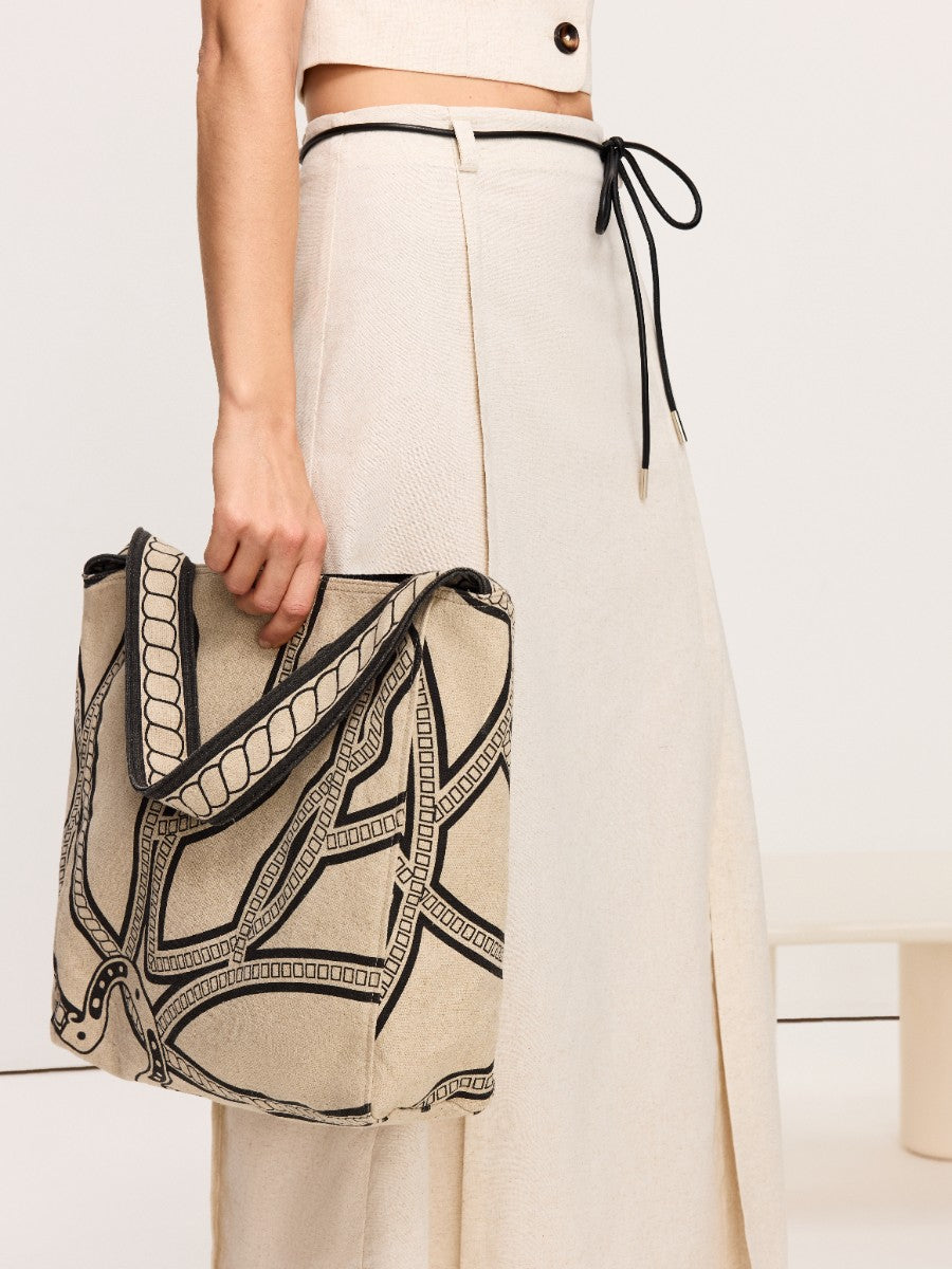 Linen & Cotton Tote Bag with Chain Print