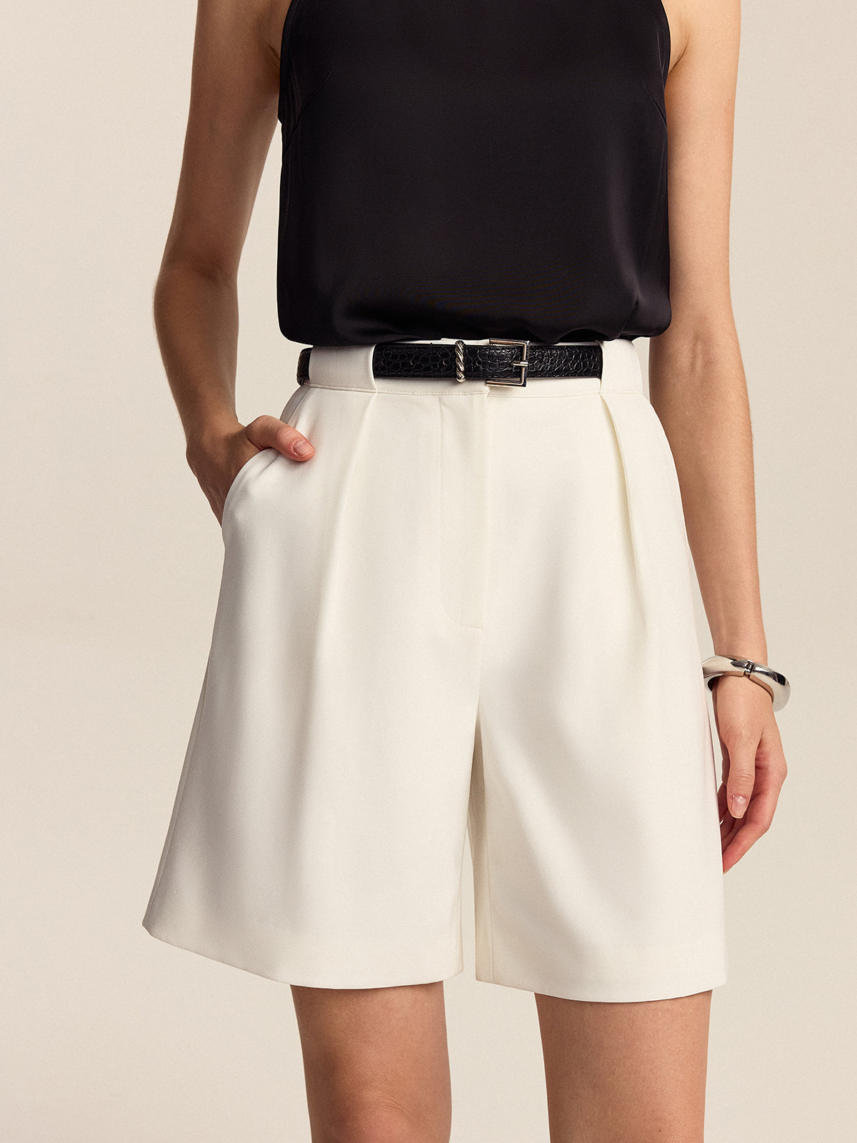 Belted Pleated Mid-Waisted Shorts