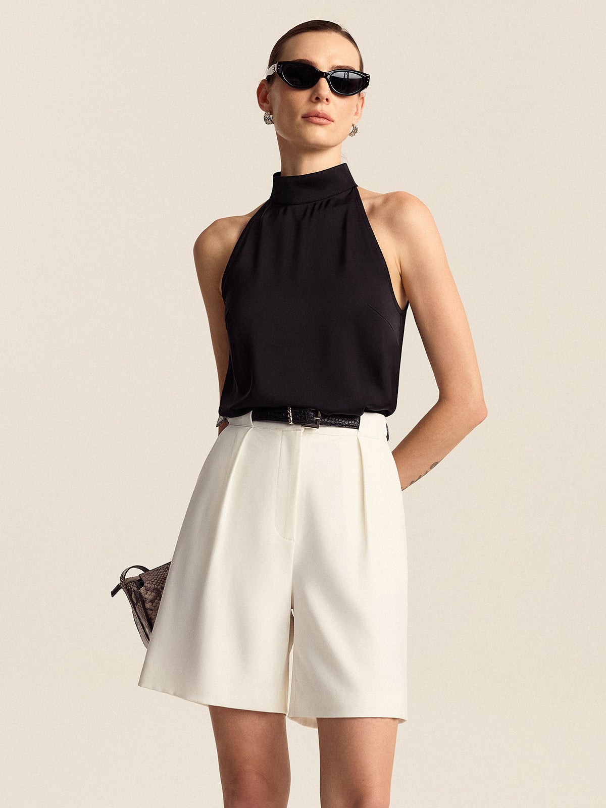 Belted Pleated Mid-Waisted Shorts