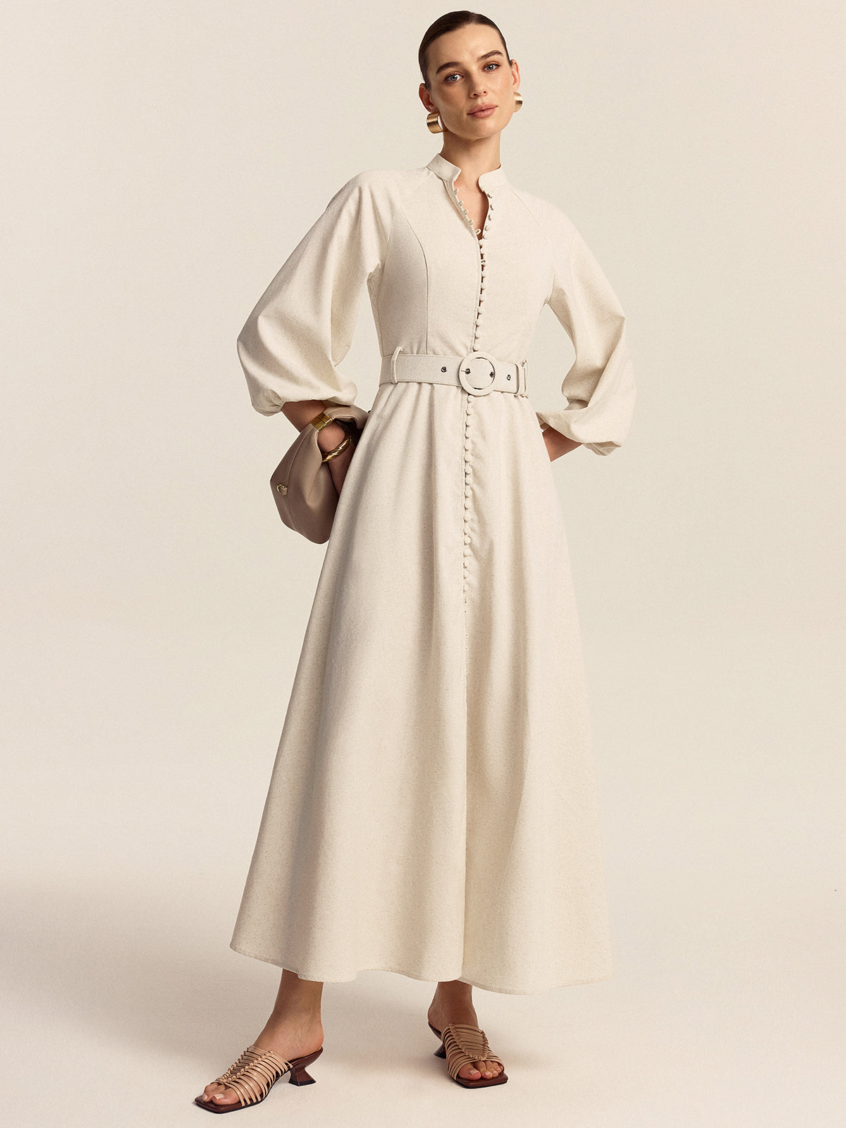 Belted Button Front Maxi Dress