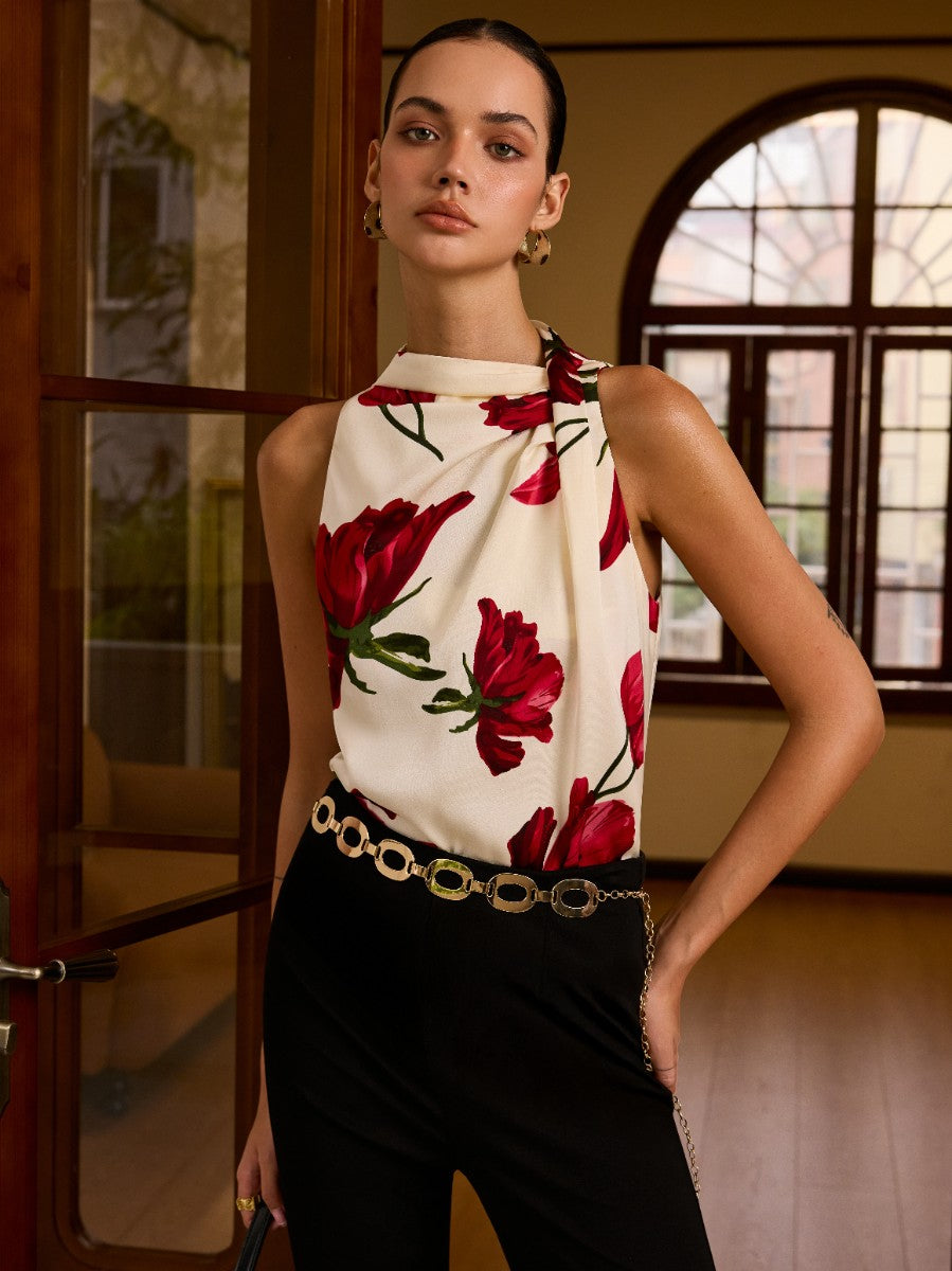 Ärmellose Bluse mit Blumenmuster und Knotendetail