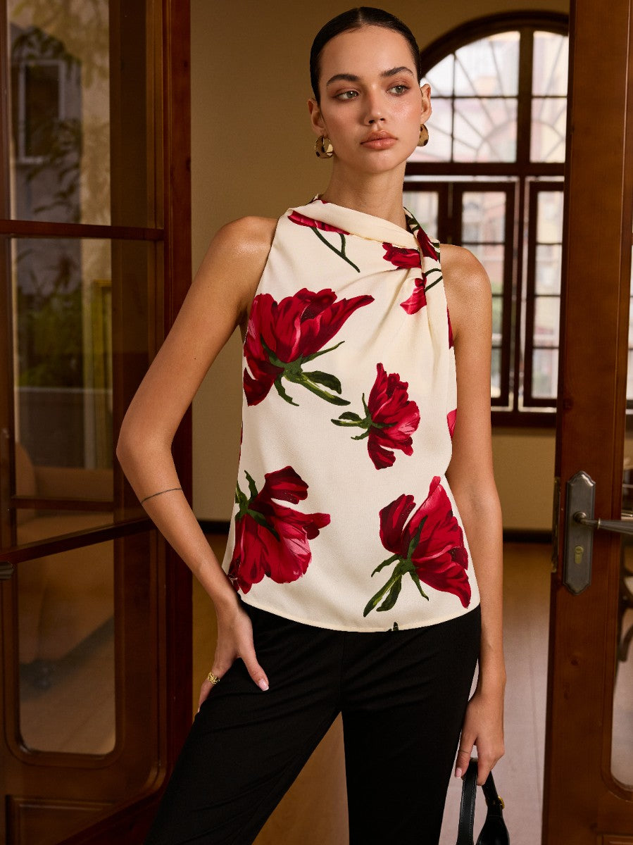 Ärmellose Bluse mit Blumenmuster und Knotendetail