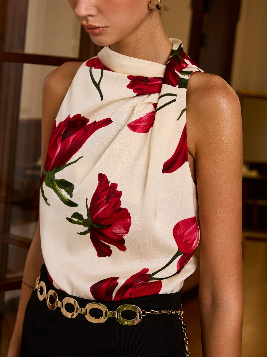 Ärmellose Bluse mit Blumenmuster und Knotendetail