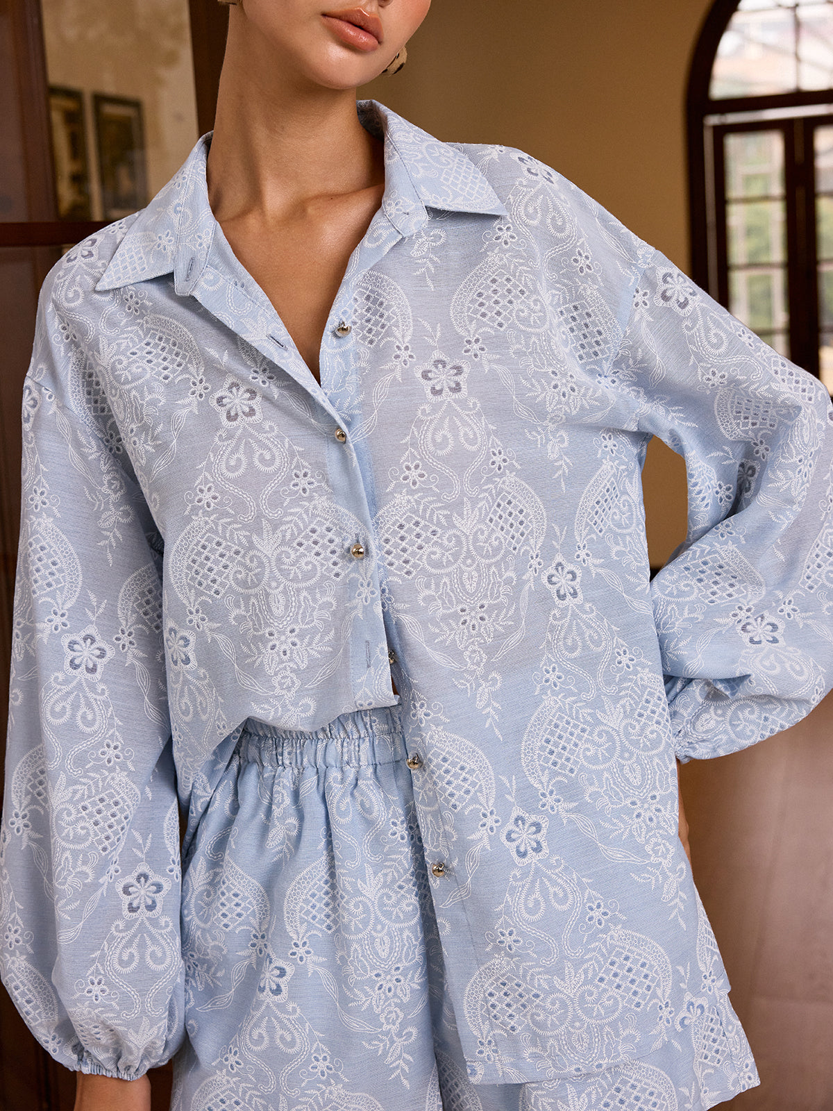 Textured Embroidered Fabric Shorts set