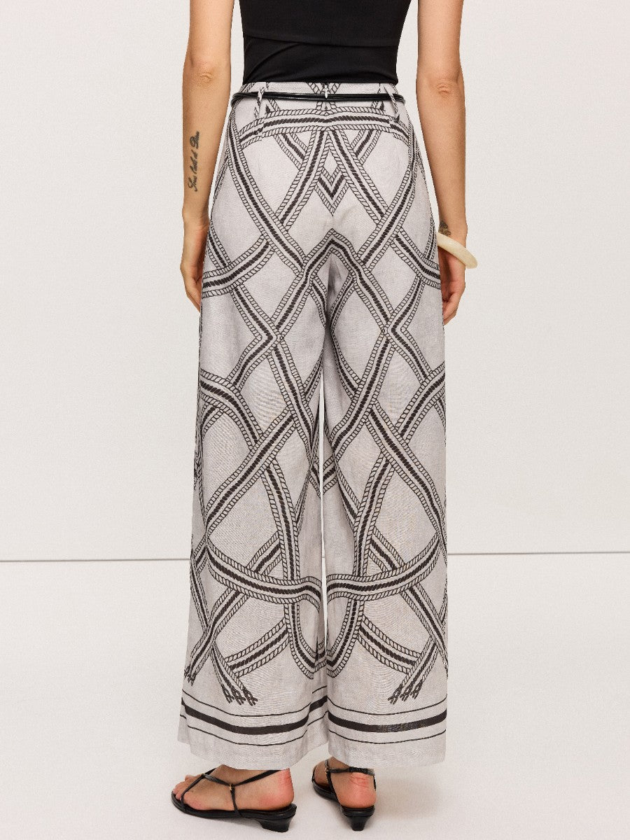Hose mit weitem Bein, Gürtel und geometrischem Muster