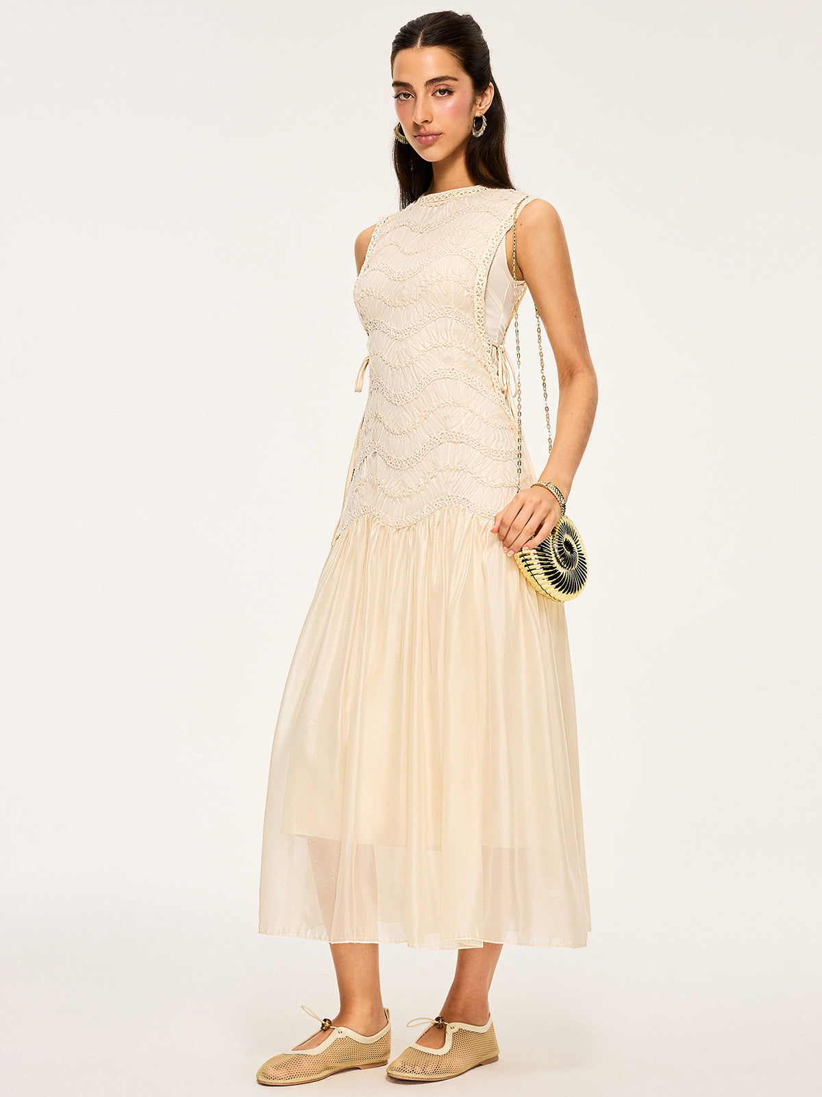 Semi-Sheer Textured Fabric Panel Tulle Dress