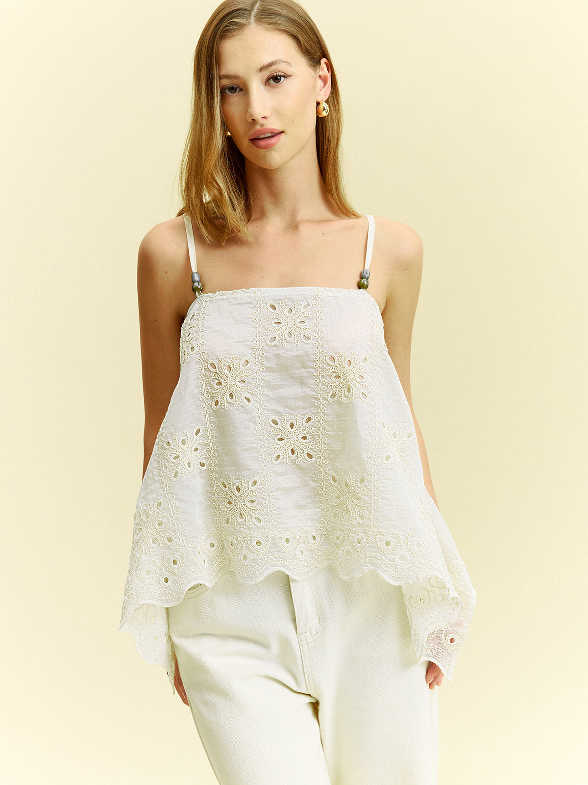 Semi-Sheer Embroidered Eyelet Cami Top