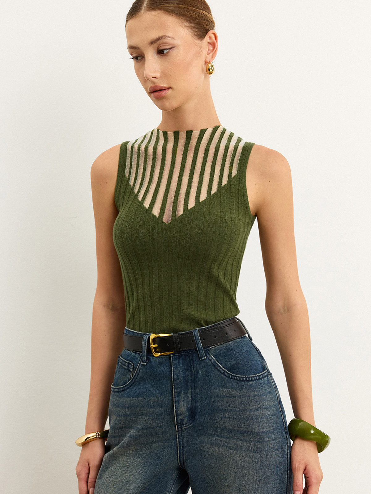 Sleeveless Top with Striped Sheer Detail