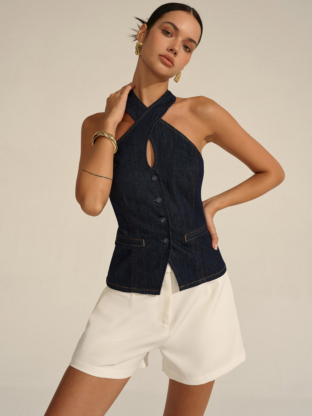 Jeans-Neckholder-Oberteil mit überkreuztem Rückenausschnitt