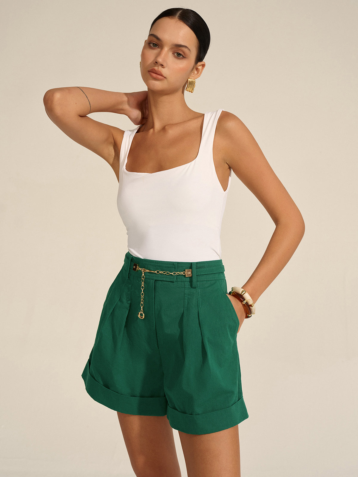 Pleated Cuffed Shorts with Gold Chain Detail