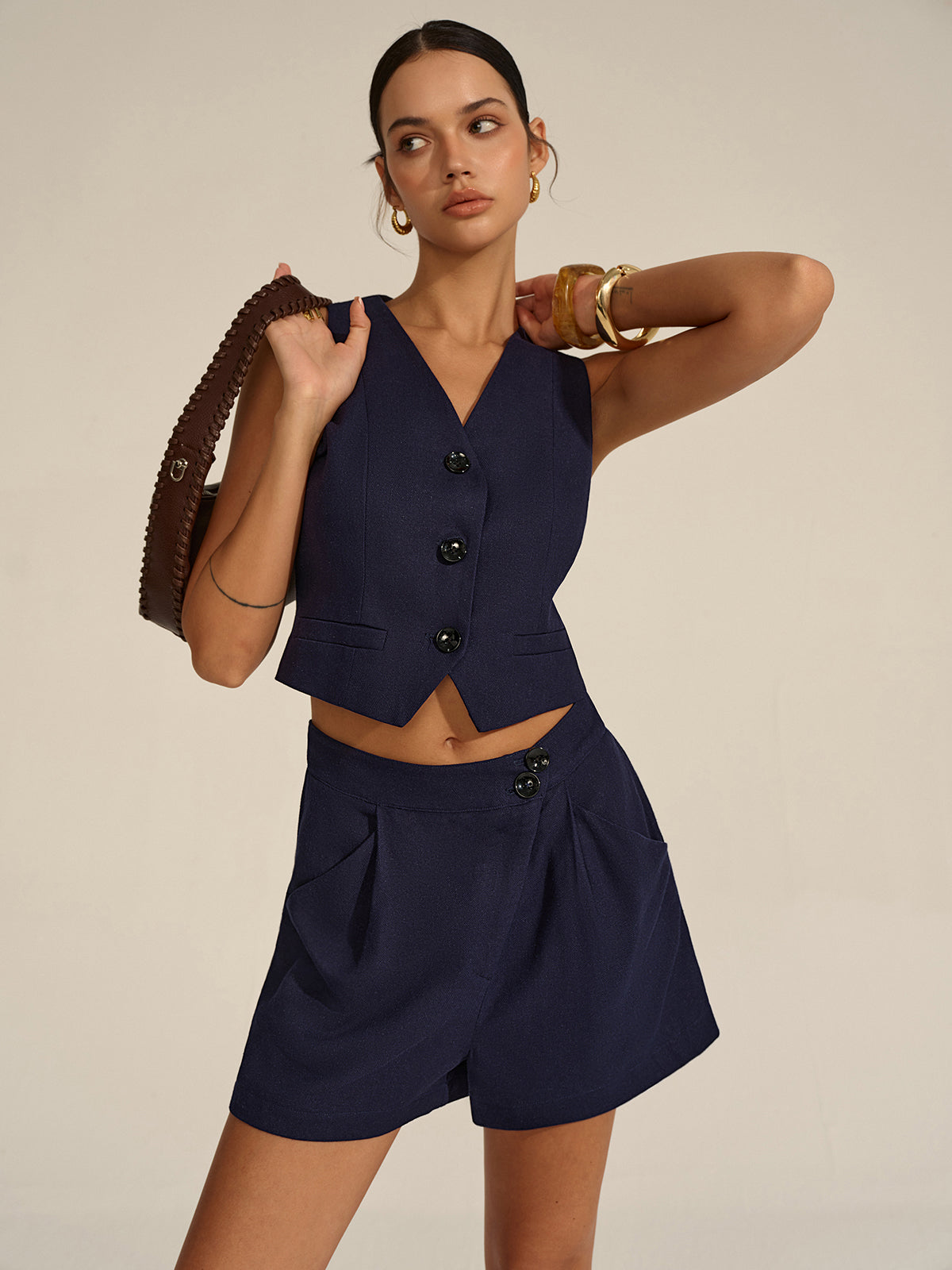 Sleeveless V-Neck Blazer Vest and Shorts Set