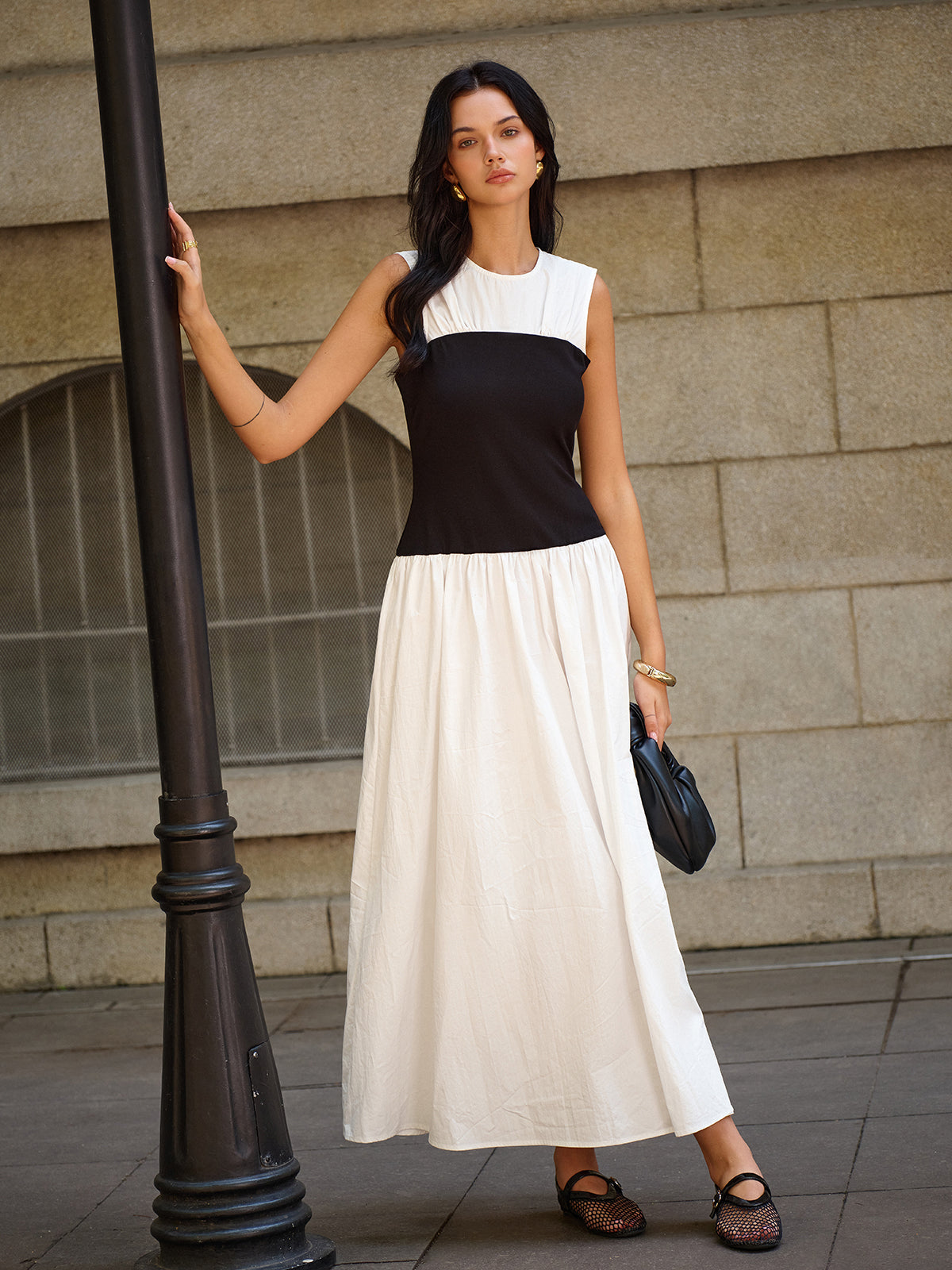 Robe longue sans manches color block