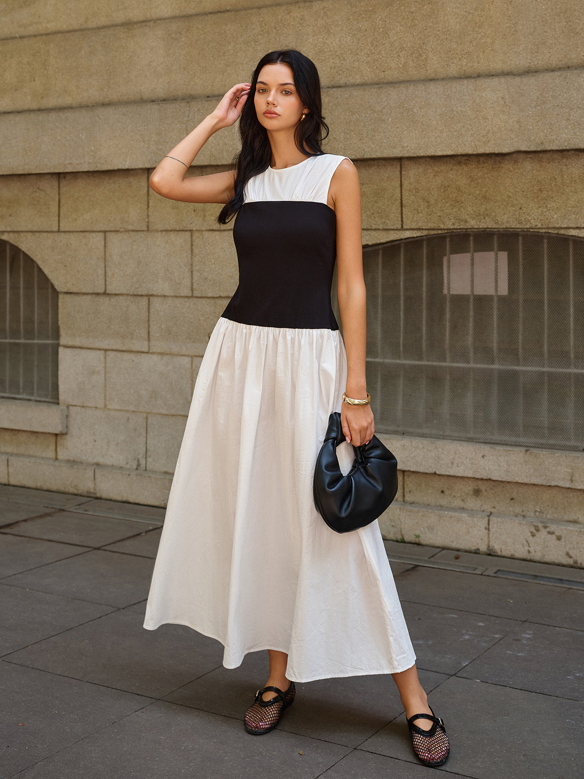 Robe longue sans manches color block