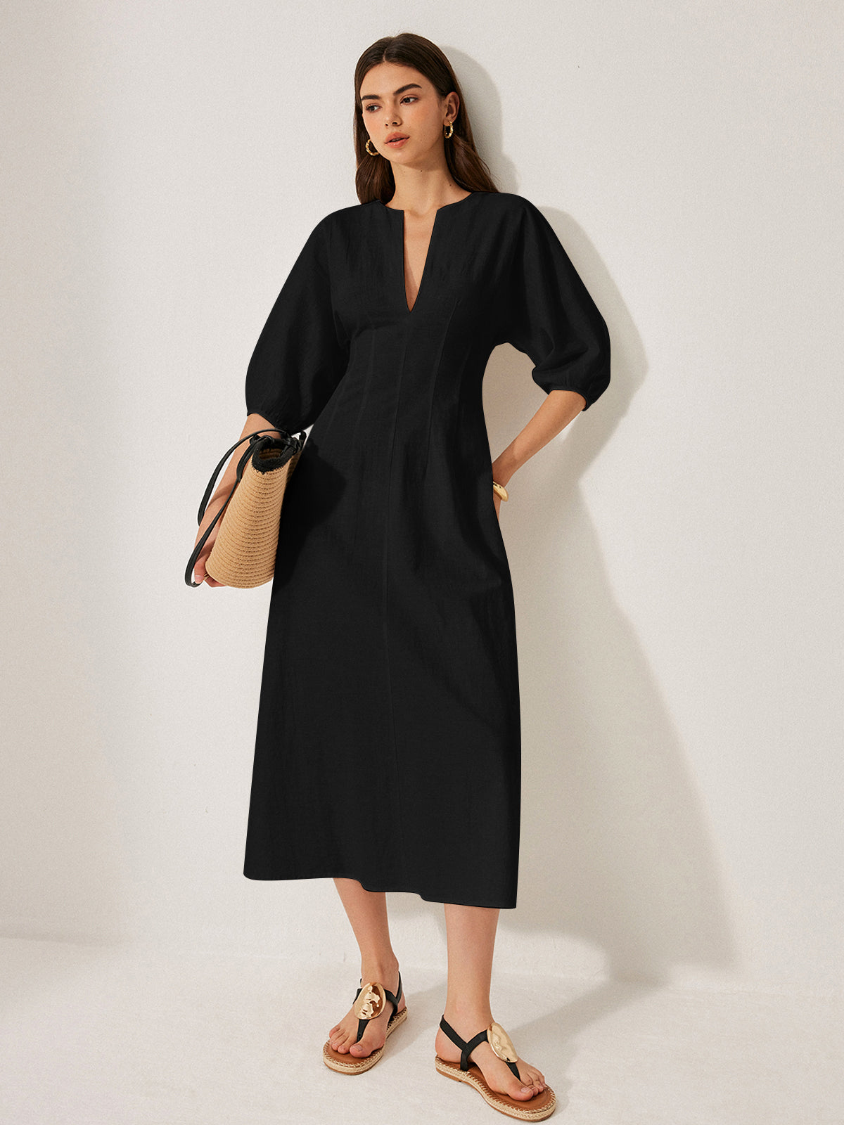 Baumwoll-Leinen-Kleid mit Puffärmeln ohne Gürtel