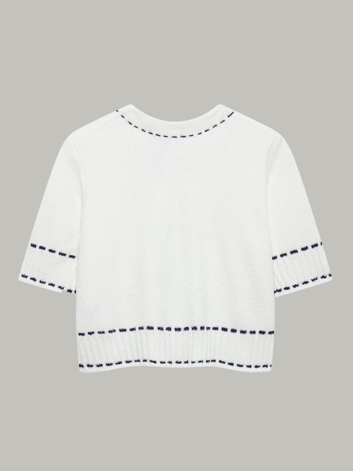 Short-Sleeved Cropped Cardigan with Contrast Stitching