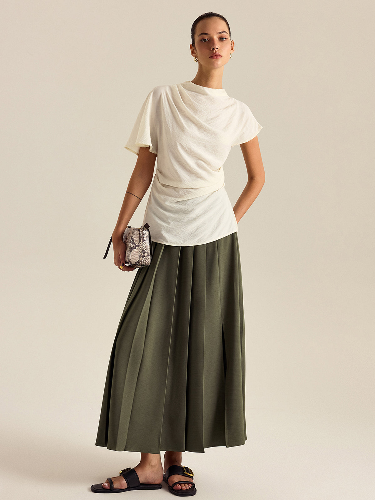 Pleated Midi Skirt with Side Slit
