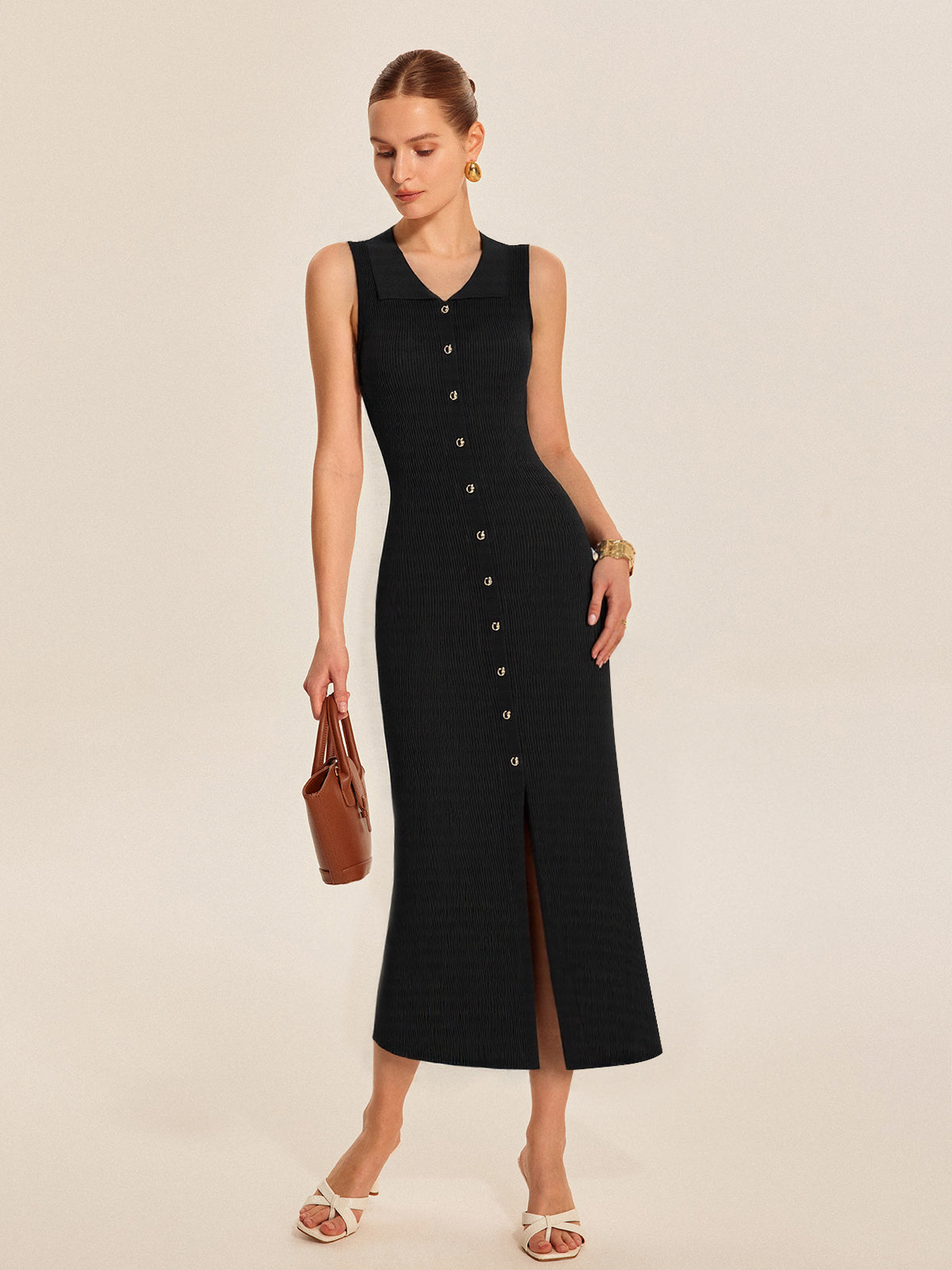 Geripptes Strick-Midi-Kleid mit Knopfleiste