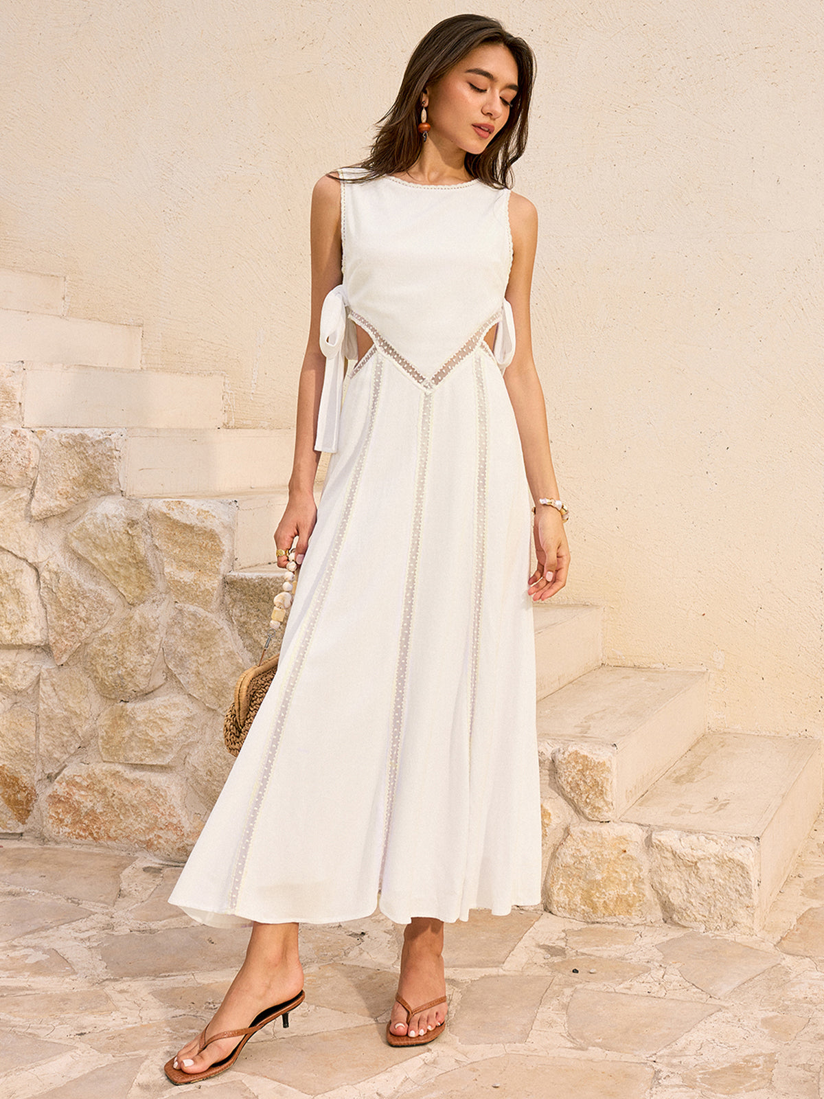 Linen & Cotton Cut-Out Tie-Back Maxi Dress