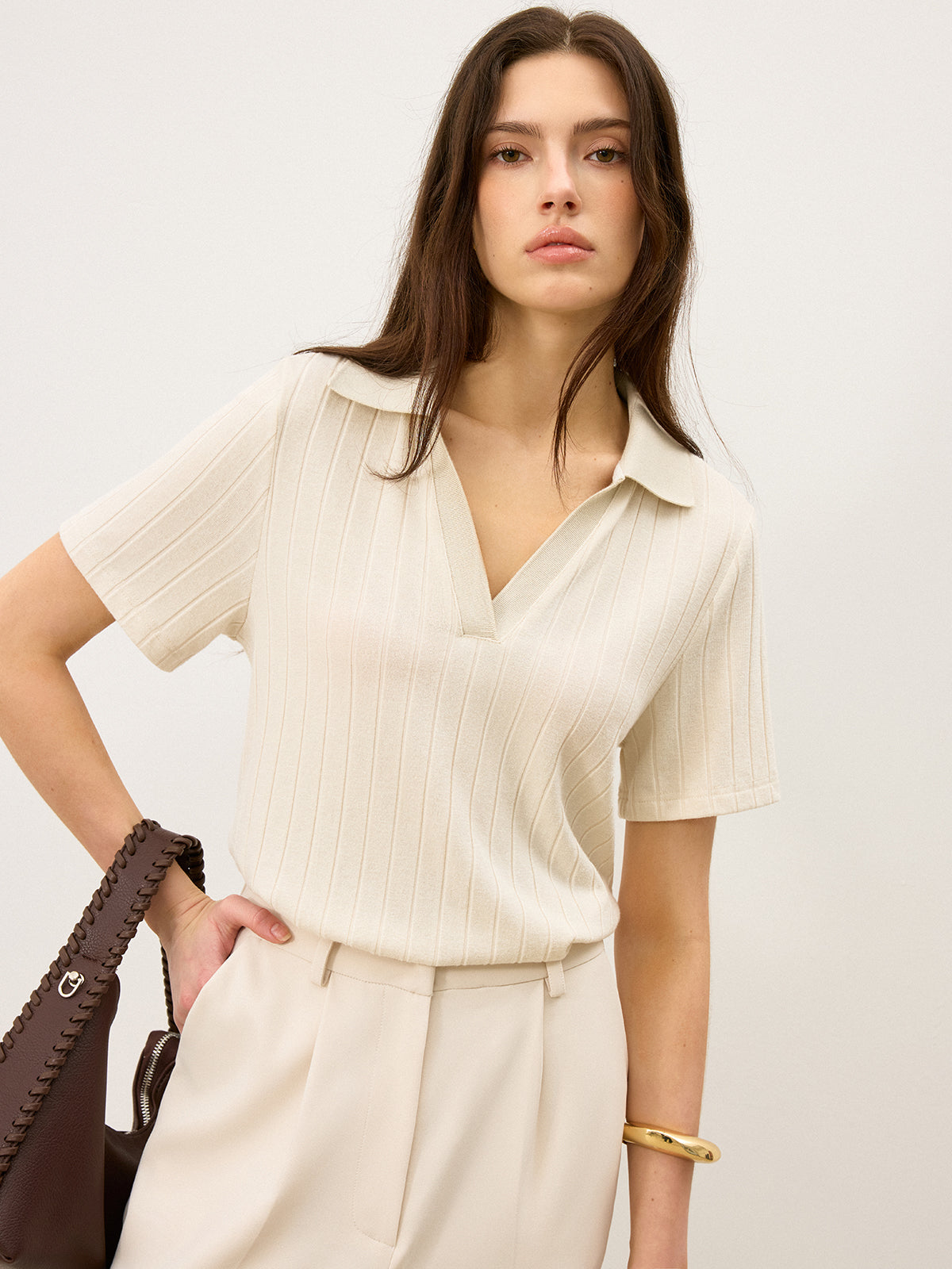 Ribbed Polo-Neck Knit Top