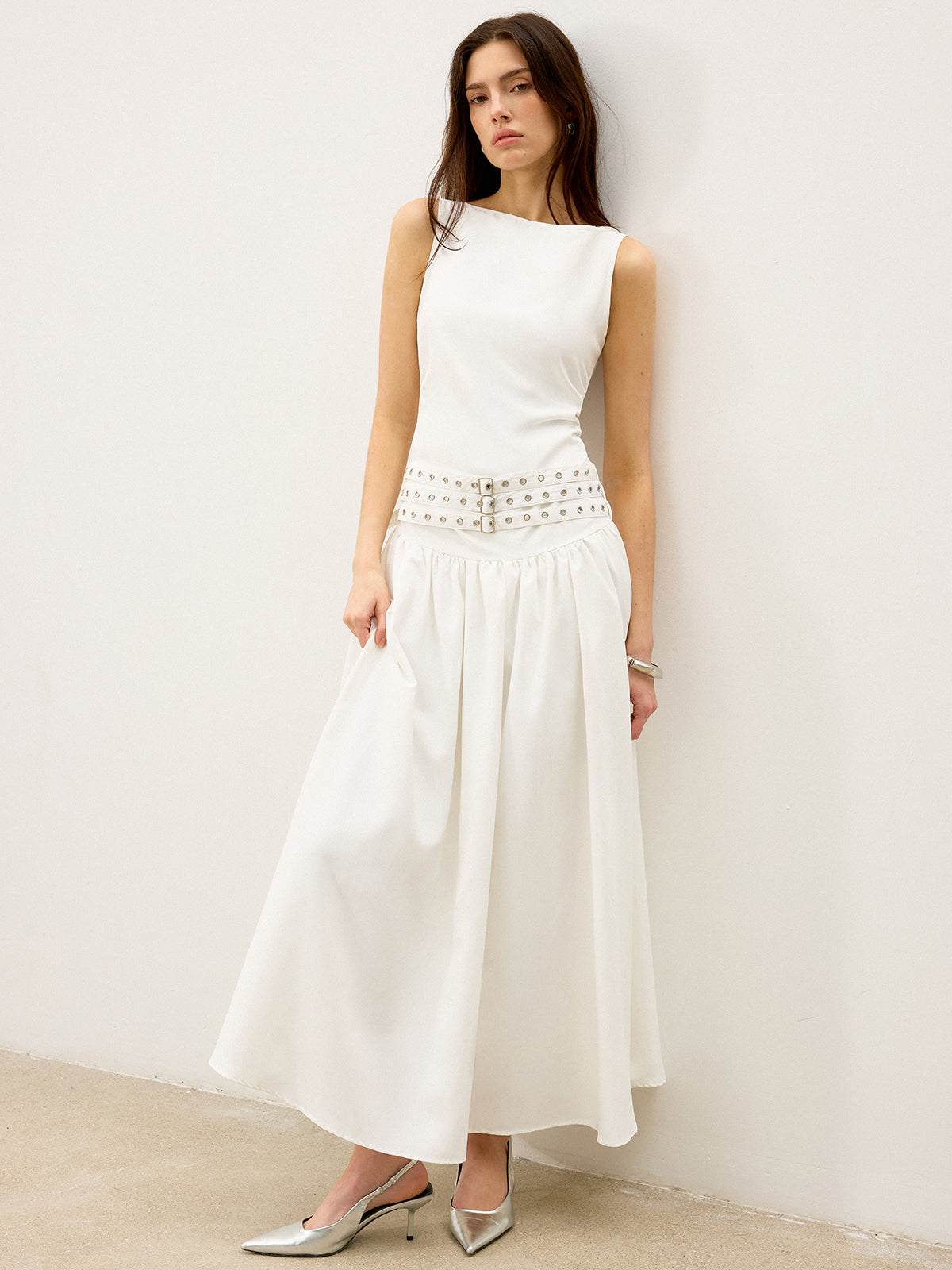 Boat Neck Multi-Belt Low-Waist Maxi Dress