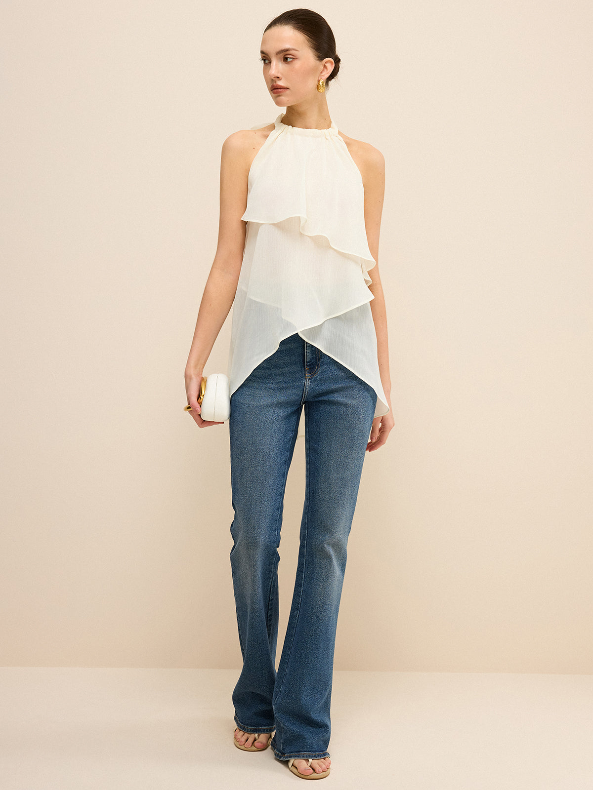 Halbtransparentes, asymmetrisches Chiffon-Top mit Lagenlook und Neckholder