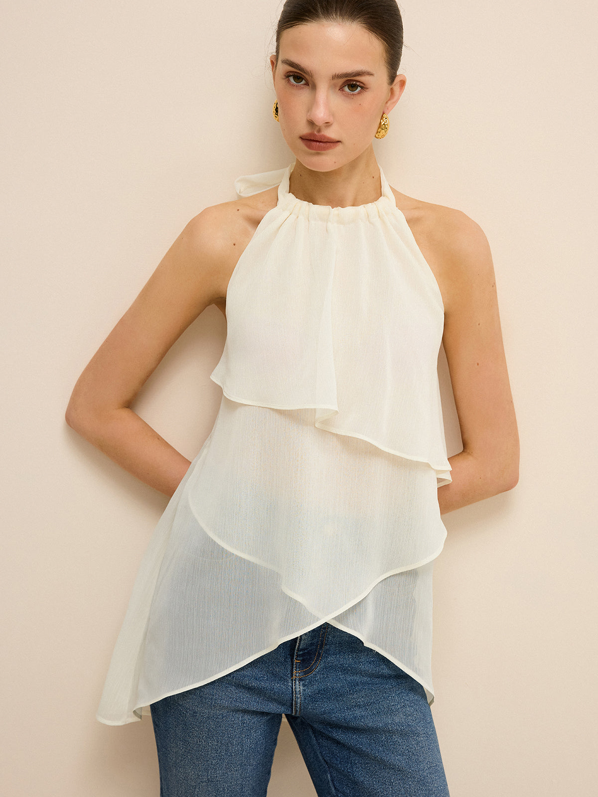 Semi-Sheer Layered Asymmetric Halter Chiffon Top