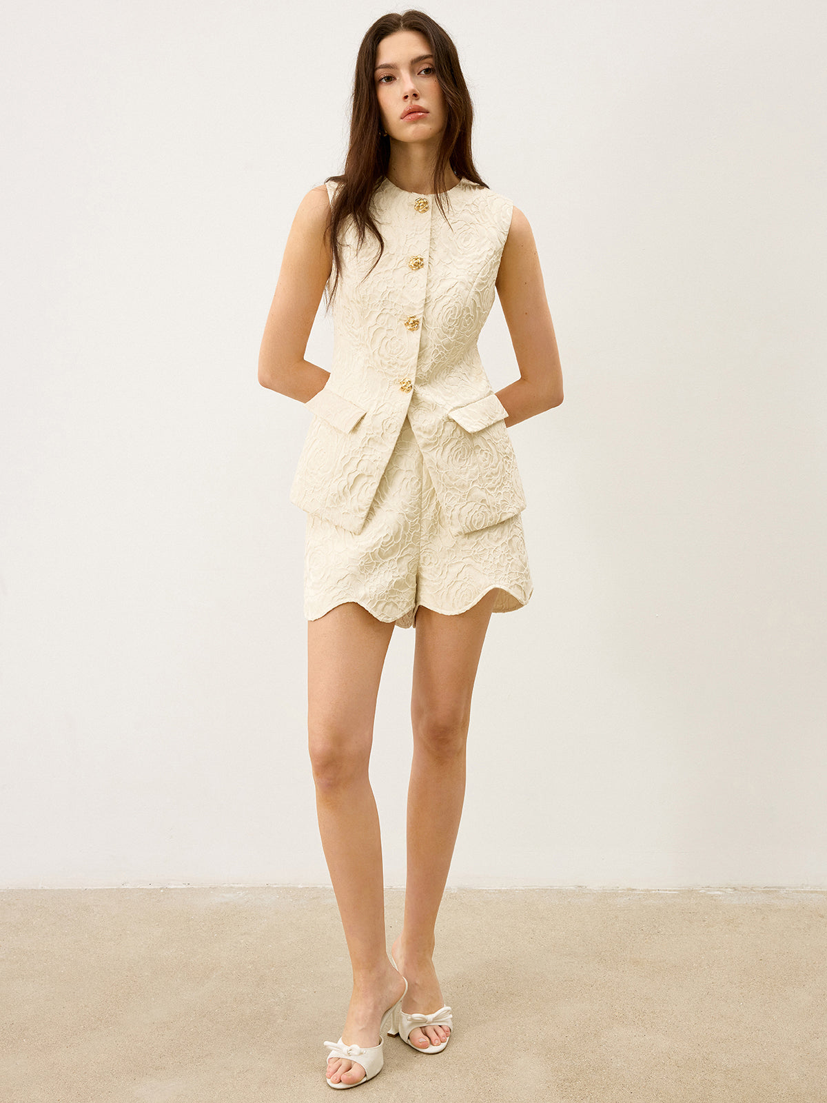 Textured Jacquard Vest with Metal Button