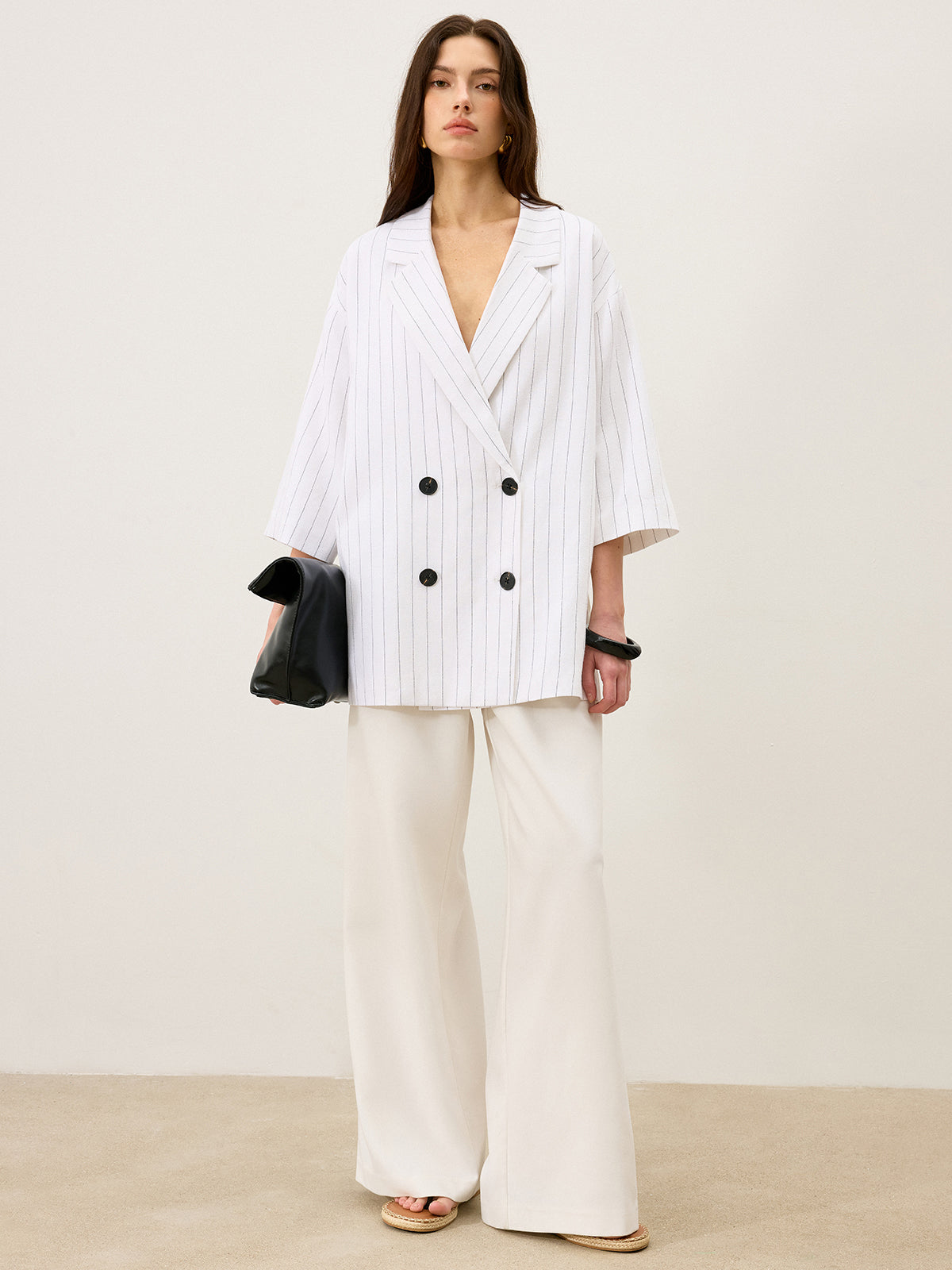 Leinen & Baumwolle Oversized Gestreifter Blazer mit seitlichen Schlitzen und doppelter Knopfleiste