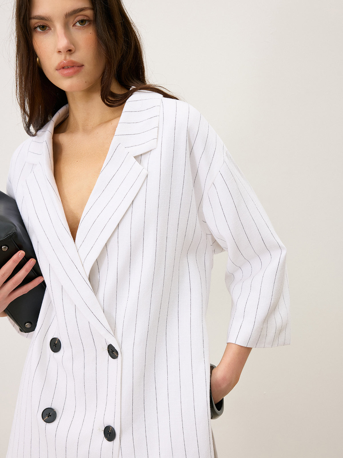 Leinen & Baumwolle Oversized Gestreifter Blazer mit seitlichen Schlitzen und doppelter Knopfleiste