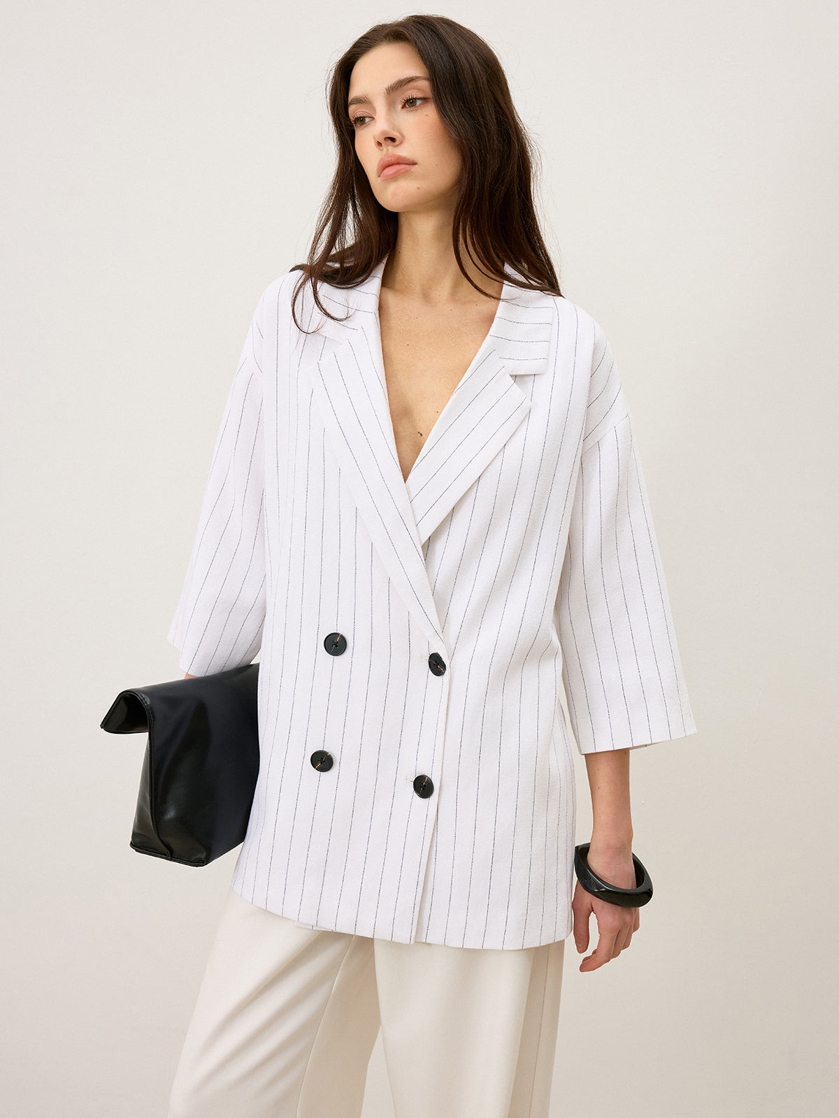 Linen&Cotton Oversized Striped Side Slit Double-Breasted Blazer