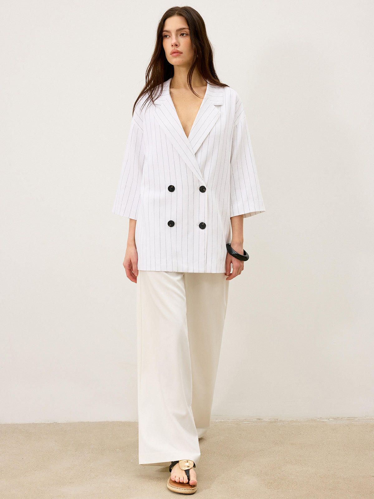 Leinen & Baumwolle Oversized Gestreifter Blazer mit seitlichen Schlitzen und doppelter Knopfleiste