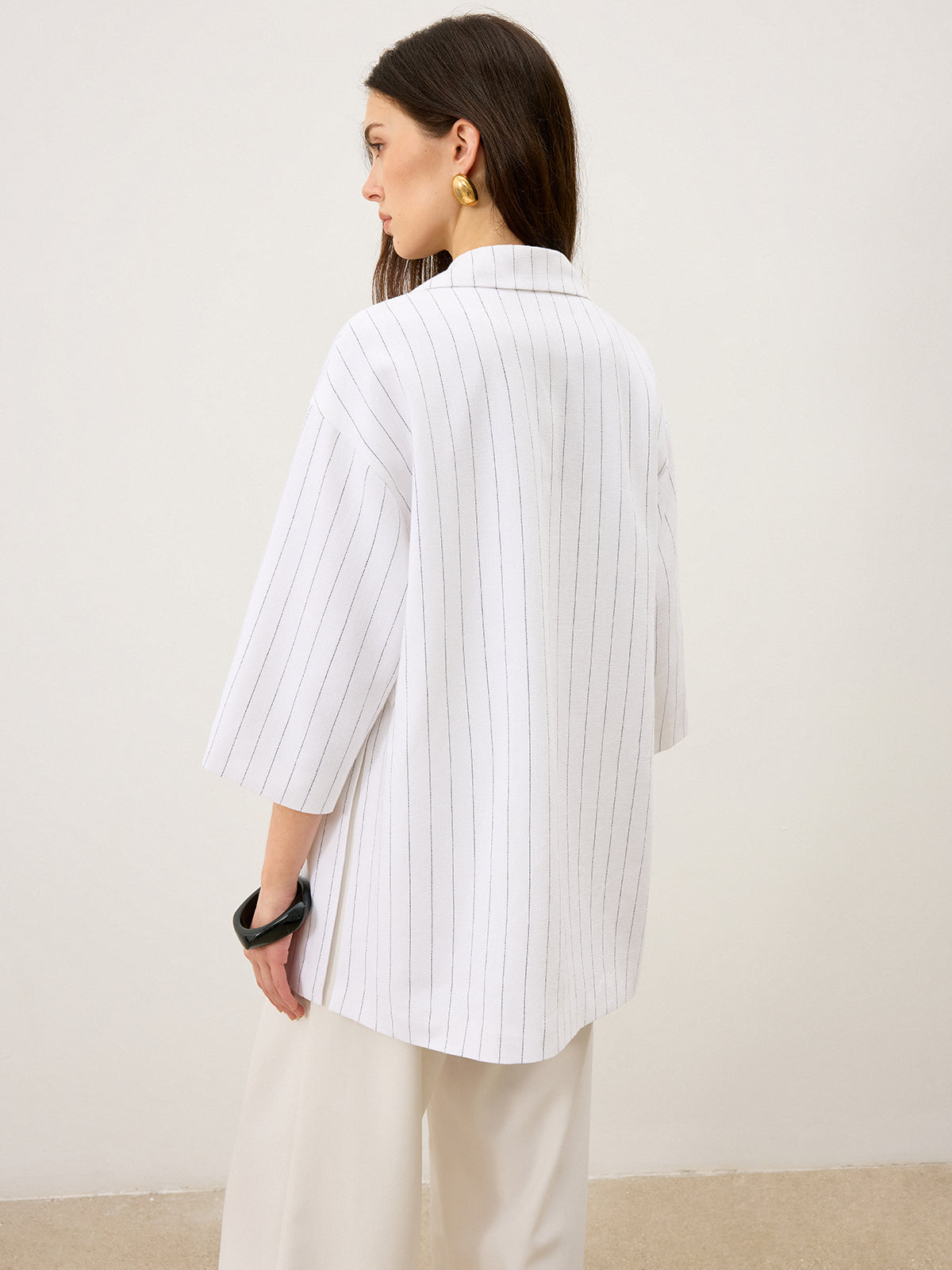 Linen&Cotton Oversized Striped Side Slit Double-Breasted Blazer