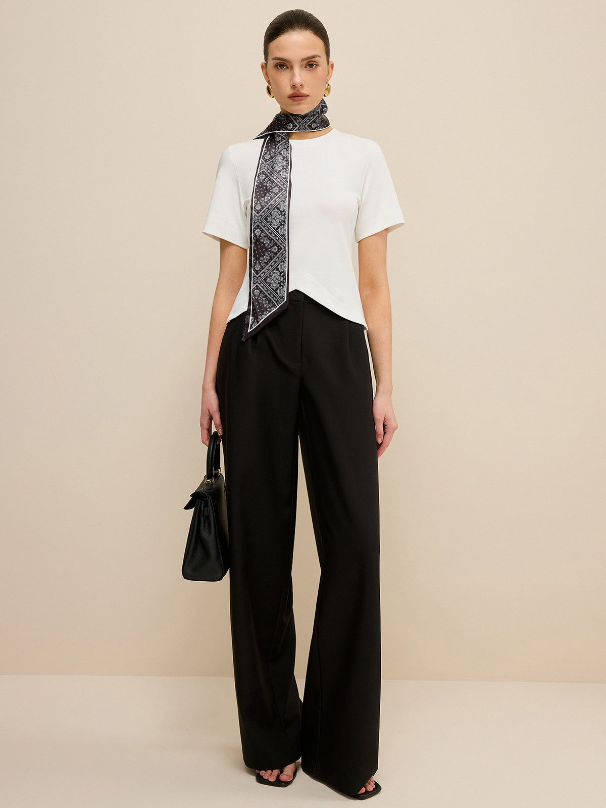 Irregular Hem T-Shirt with Silk Scarf