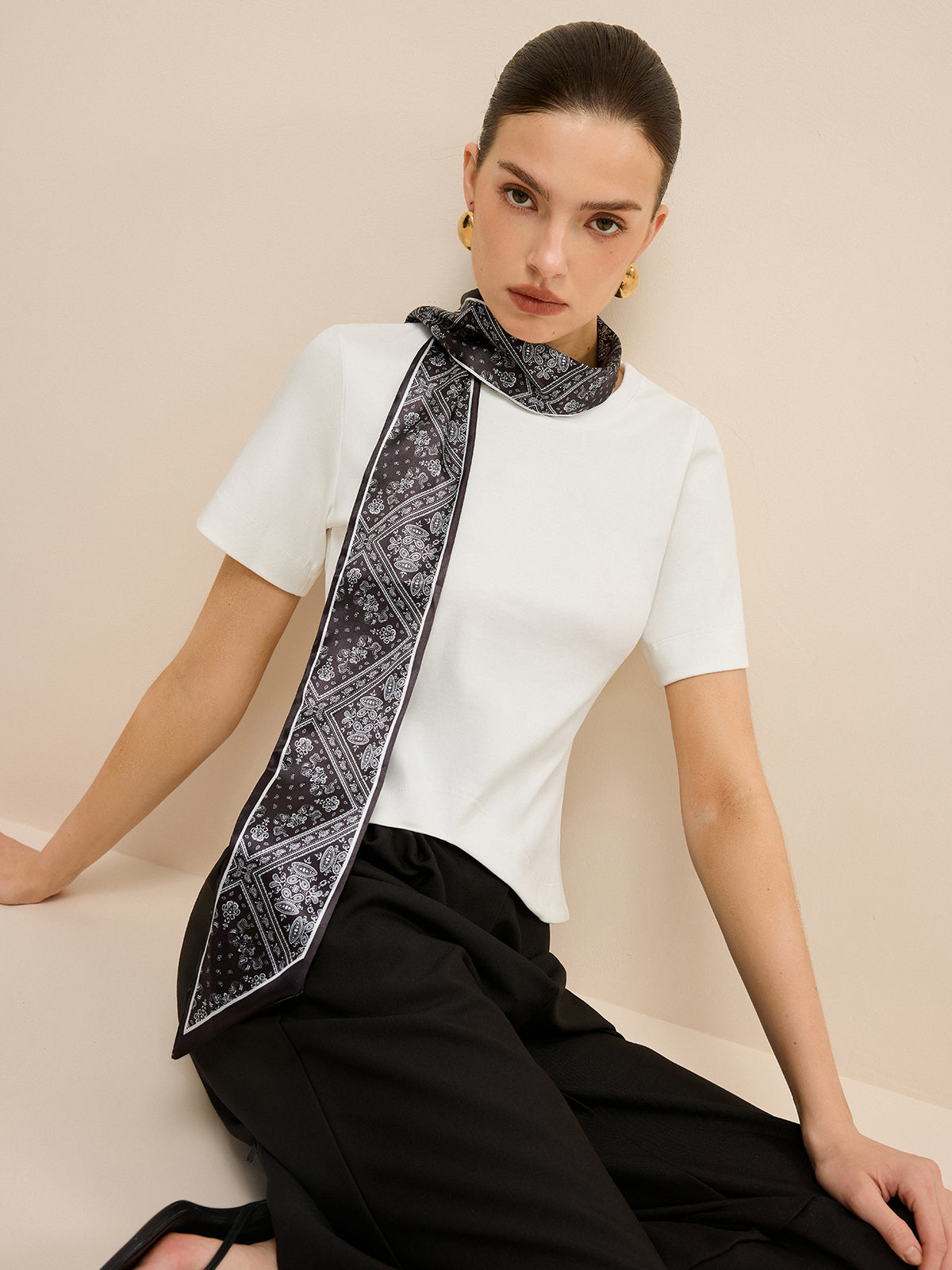 Irregular Hem T-Shirt with Silk Scarf