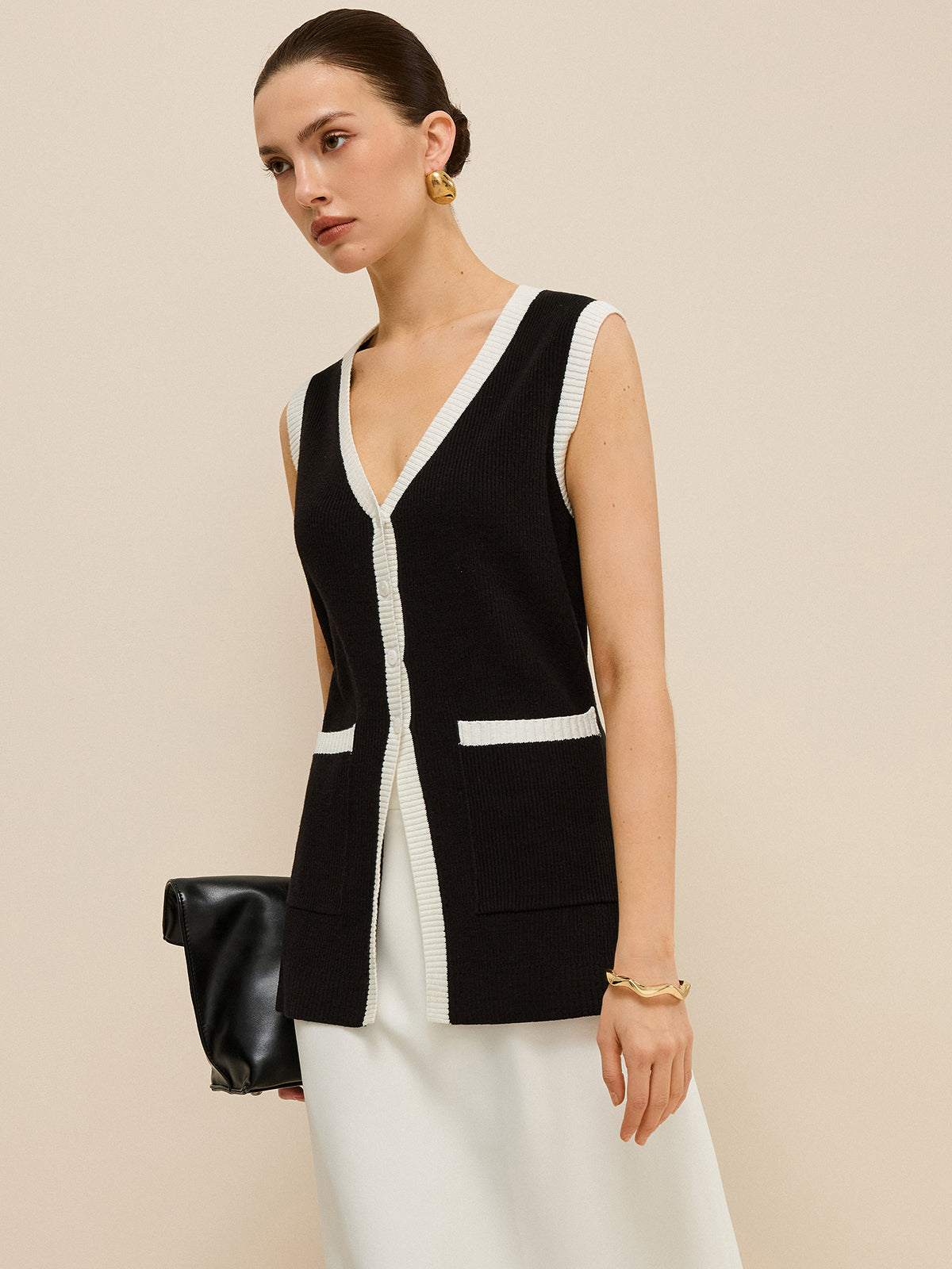 Contrast Trim V-Neck Knit Vest