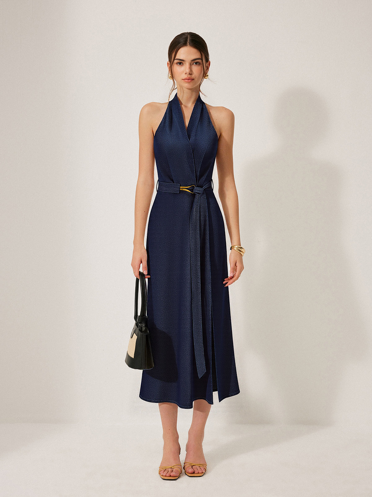 Denim Belted Halter Neck Midi Dress