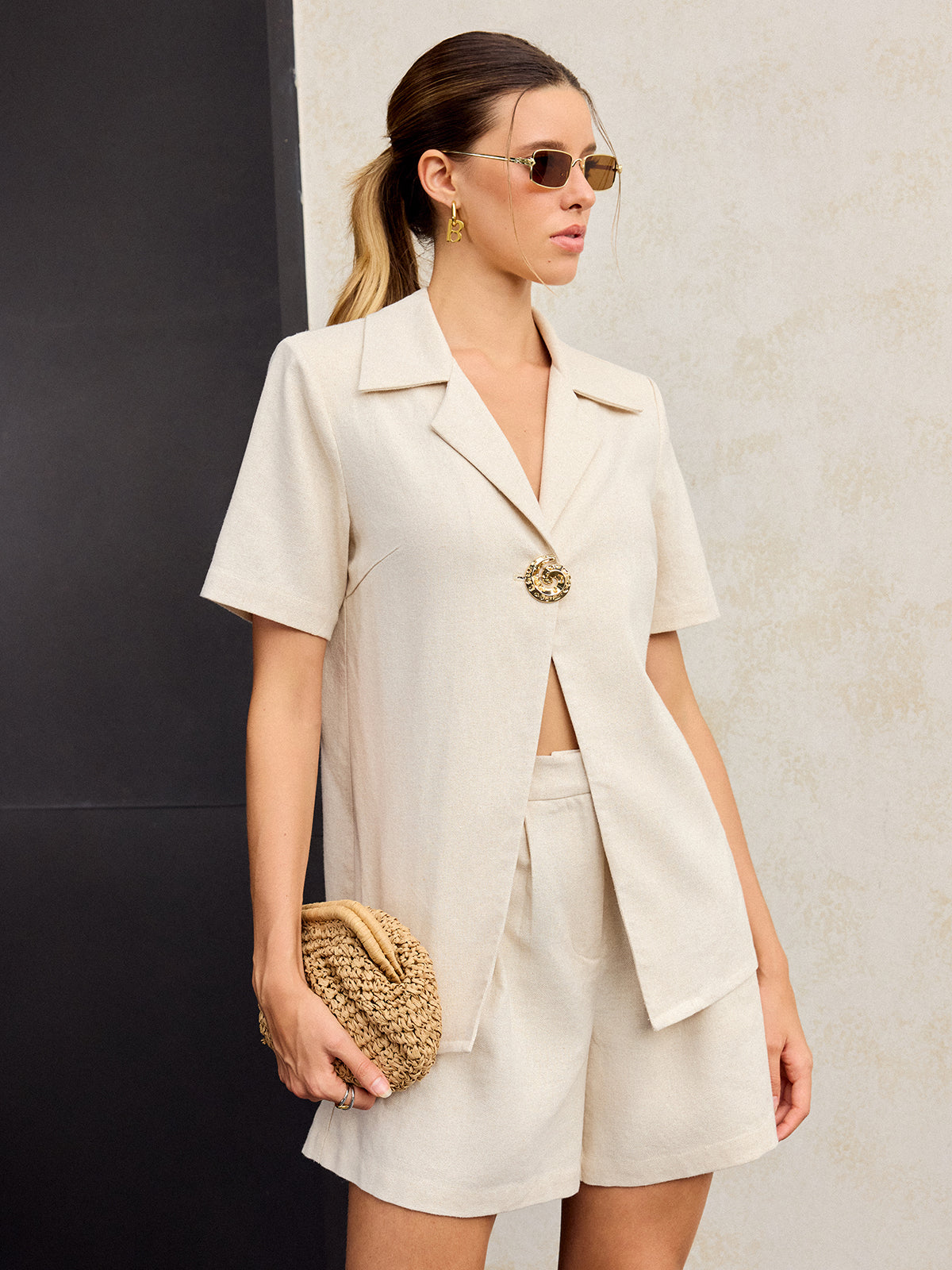 Ensemble short en coton et lin avec détails métalliques