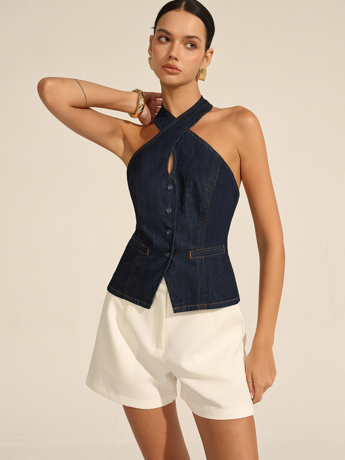 Jeans-Neckholder-Oberteil mit überkreuztem Rückenausschnitt