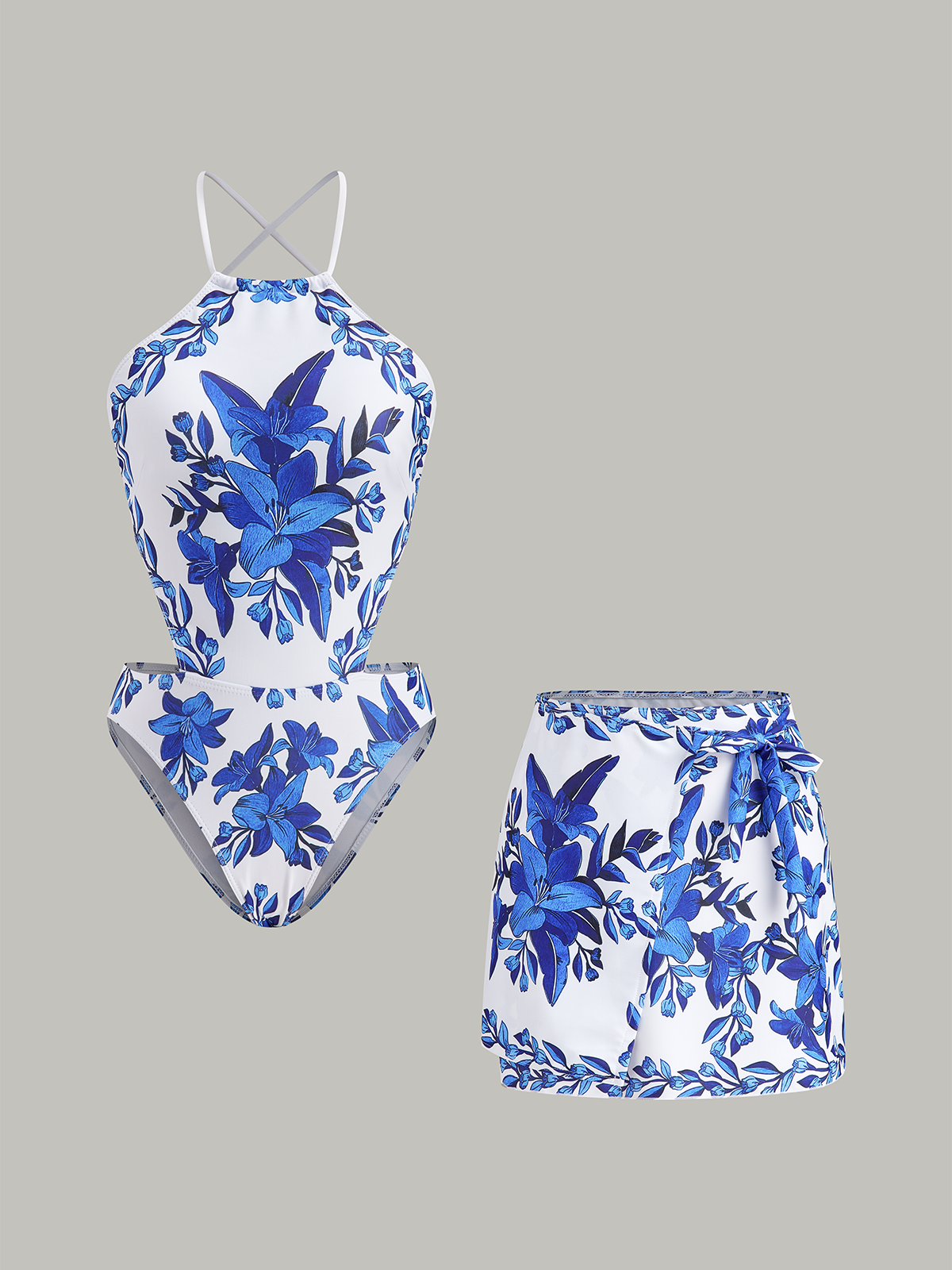 Maillot de bain une pièce à imprimé floral avec dos noué et jupe de plage intégrée