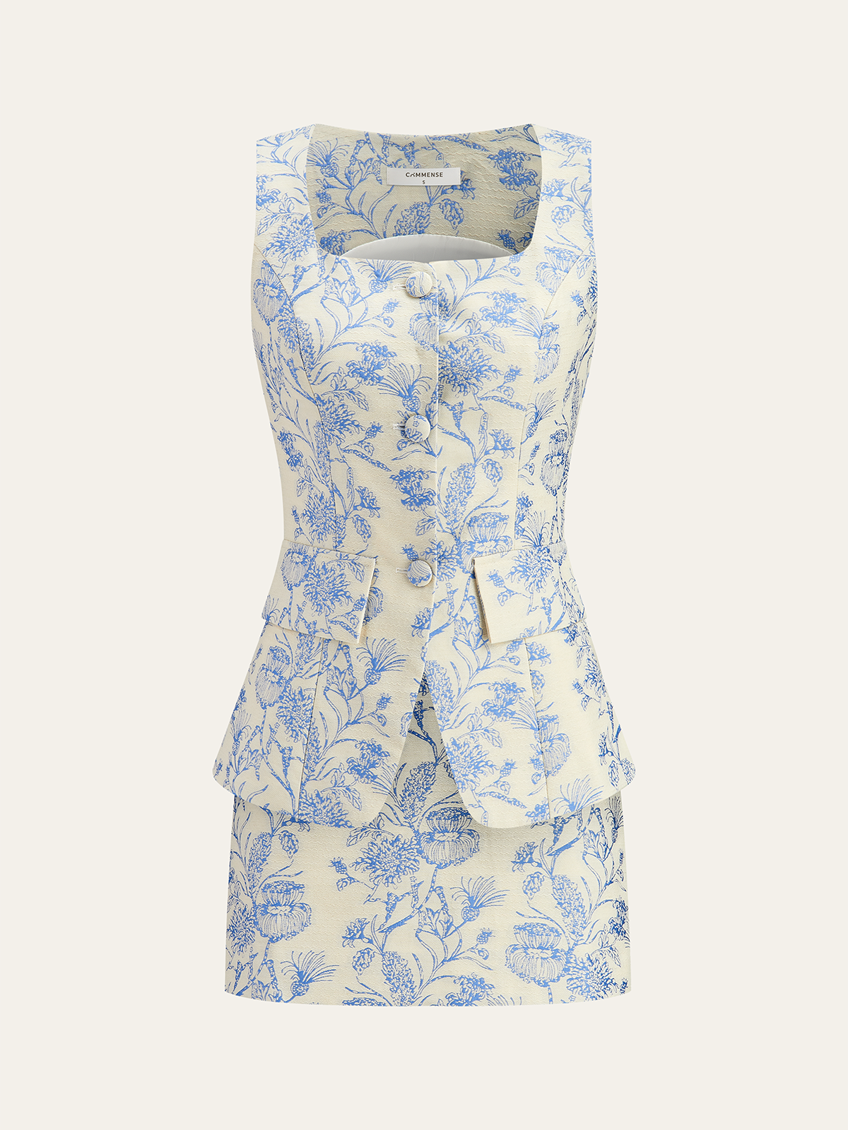 Jacquard Square-Neck Decor-Pockets Skirt Set