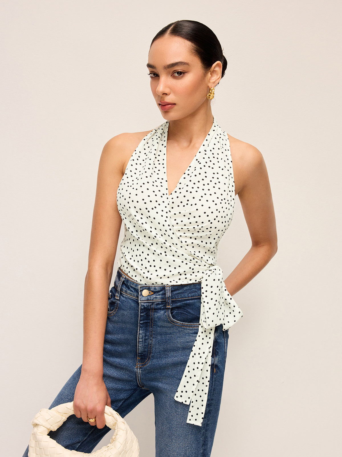 Semi-Sheer Polka Dot Wrap Halter Top