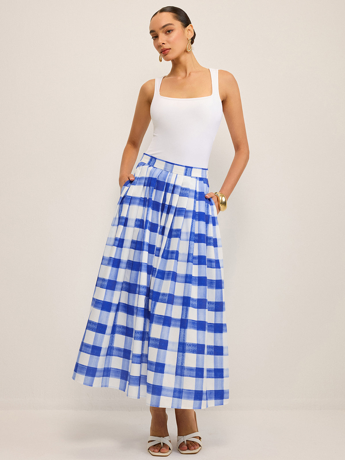 Midi-Rock aus Gingham mit Taschen