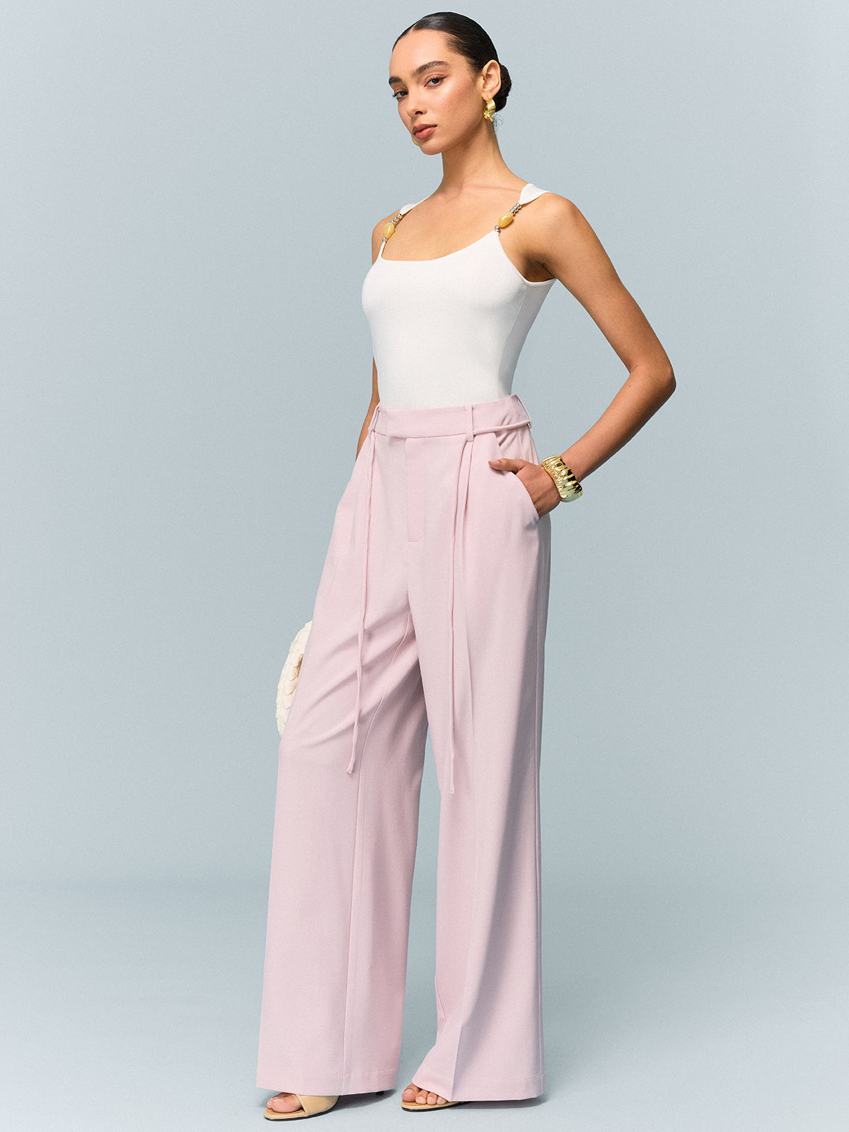Pantalon large taille mi-haute avec lien à nouer
