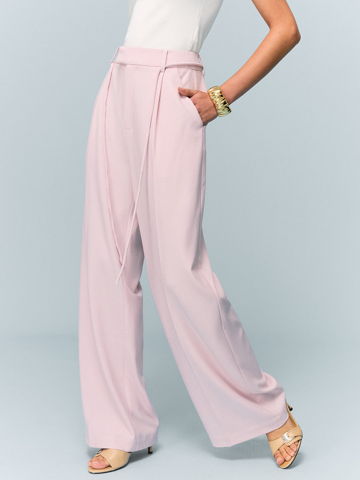Pantalon large taille mi-haute avec lien à nouer