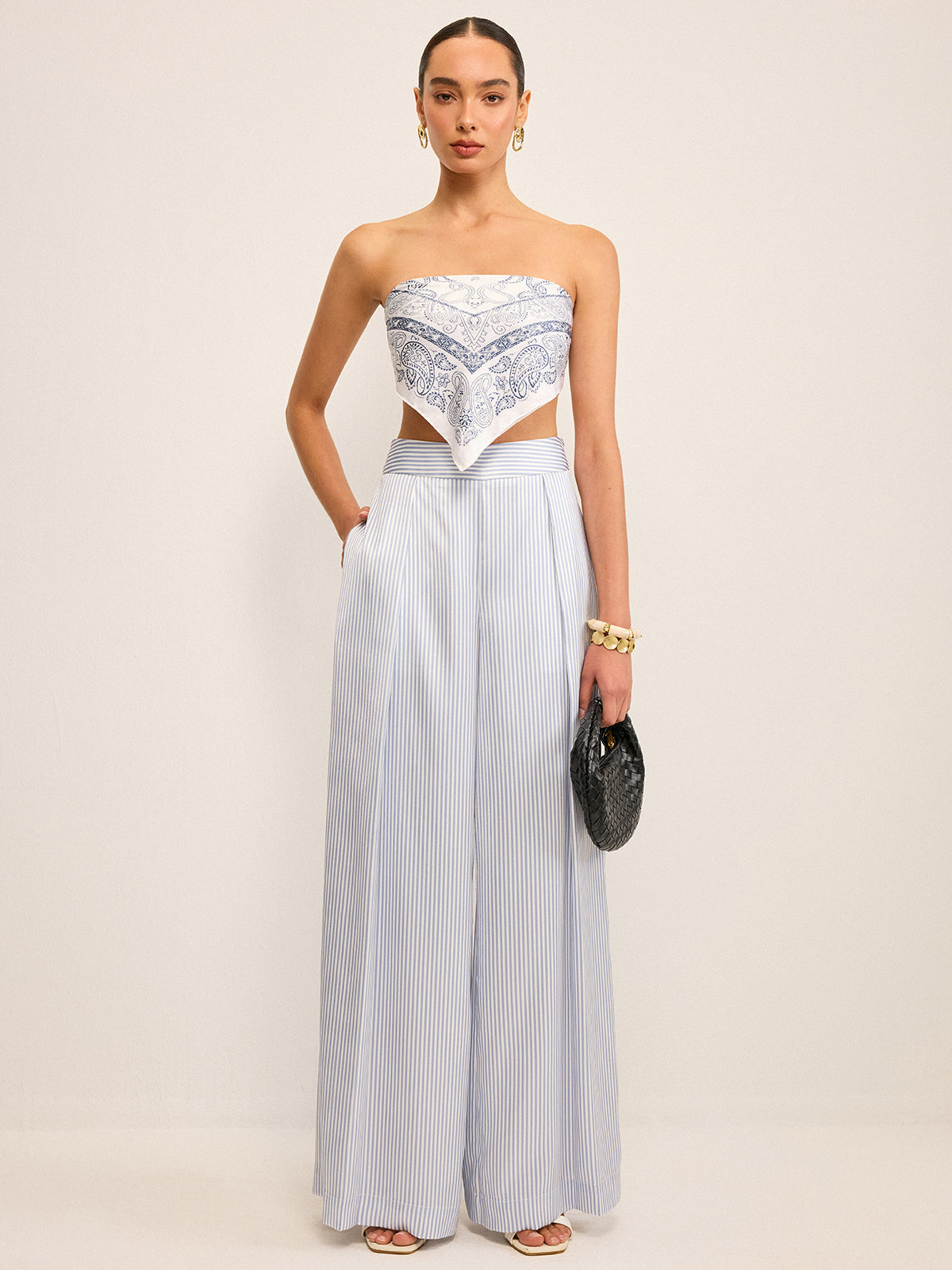 Pantalon rayé taille mi-haute à jambes larges