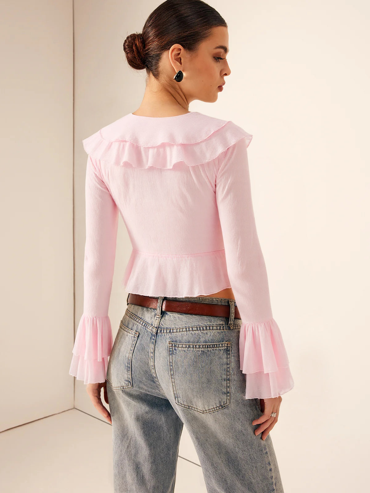 Semi-Sheer Ruffled V-Neck Bell-Sleeve Top
