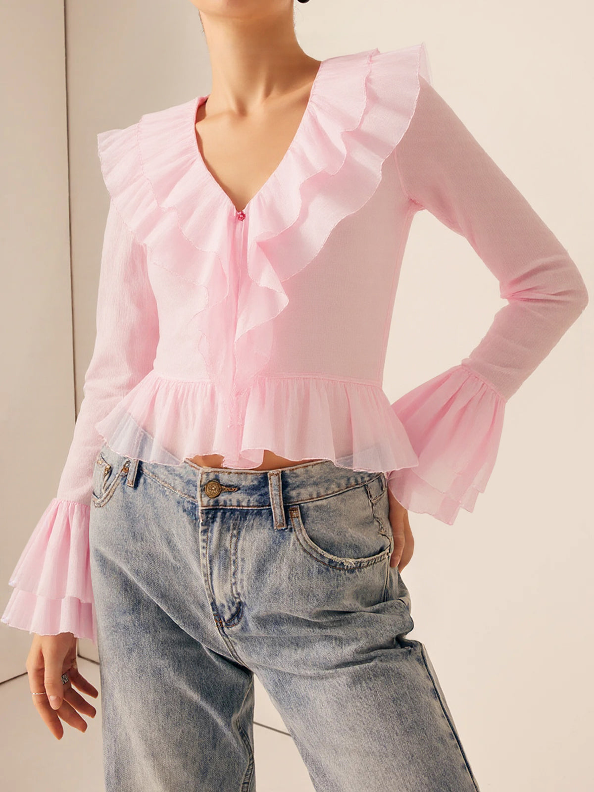 Semi-Sheer Ruffled V-Neck Bell-Sleeve Top
